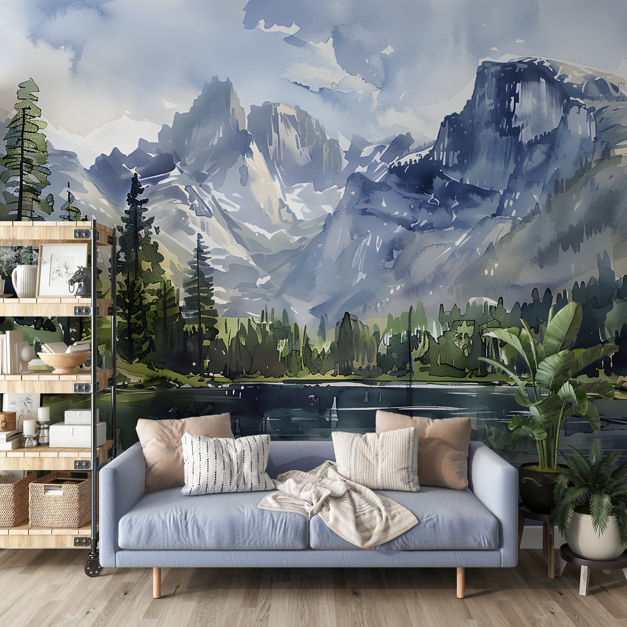 Watercolor Mountain Lake Mural, National park Landscape, Peel and Stick Mountains and Forest Wallpaper, Wild Nature Wall Art