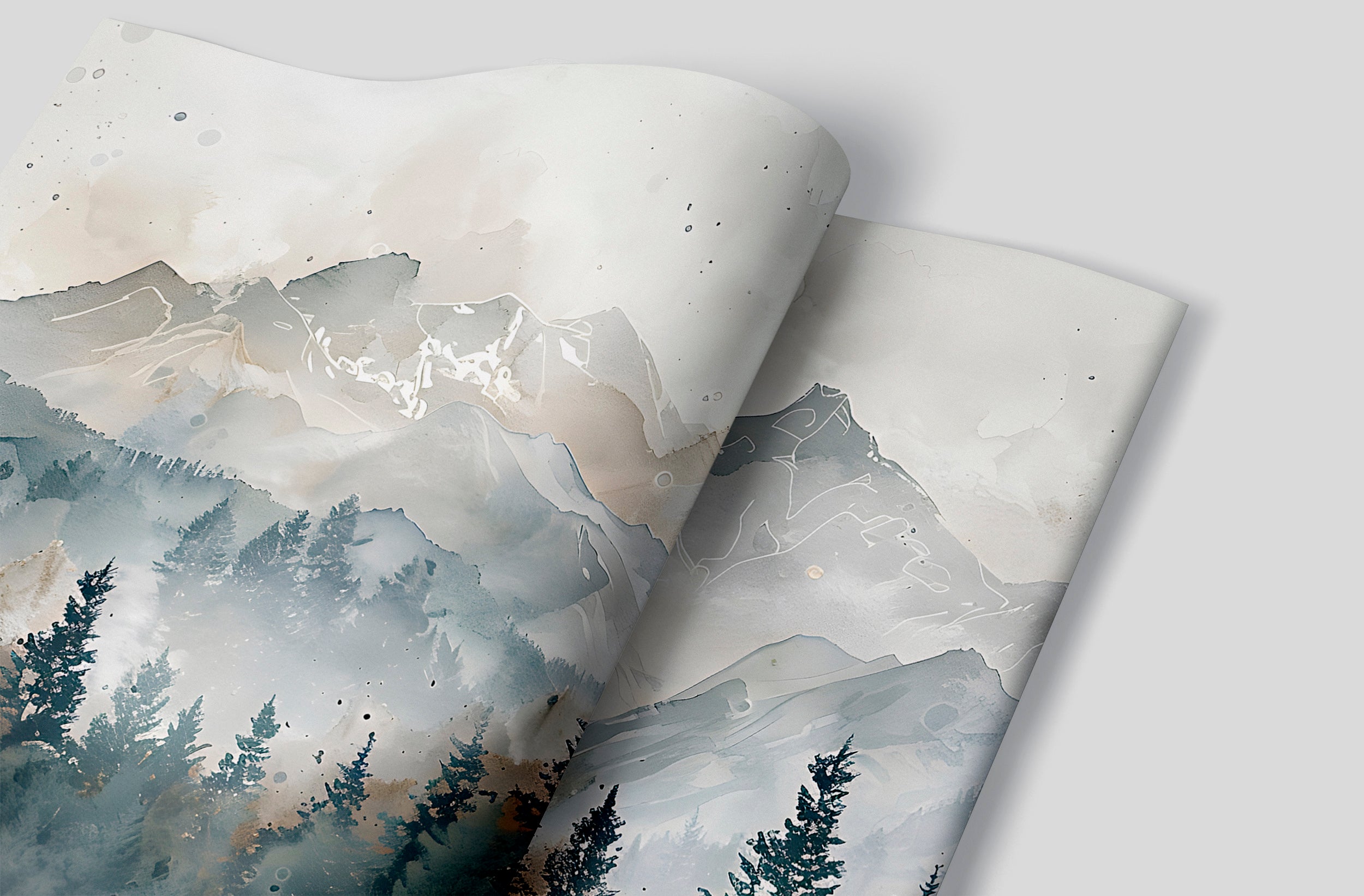Forest and Mountains in Watercolor Style Mural, Grey Cloudy Mountain Landscape, Peel and Stick Pine Forest Natural Colors Wall Decor, Removable Wall Art