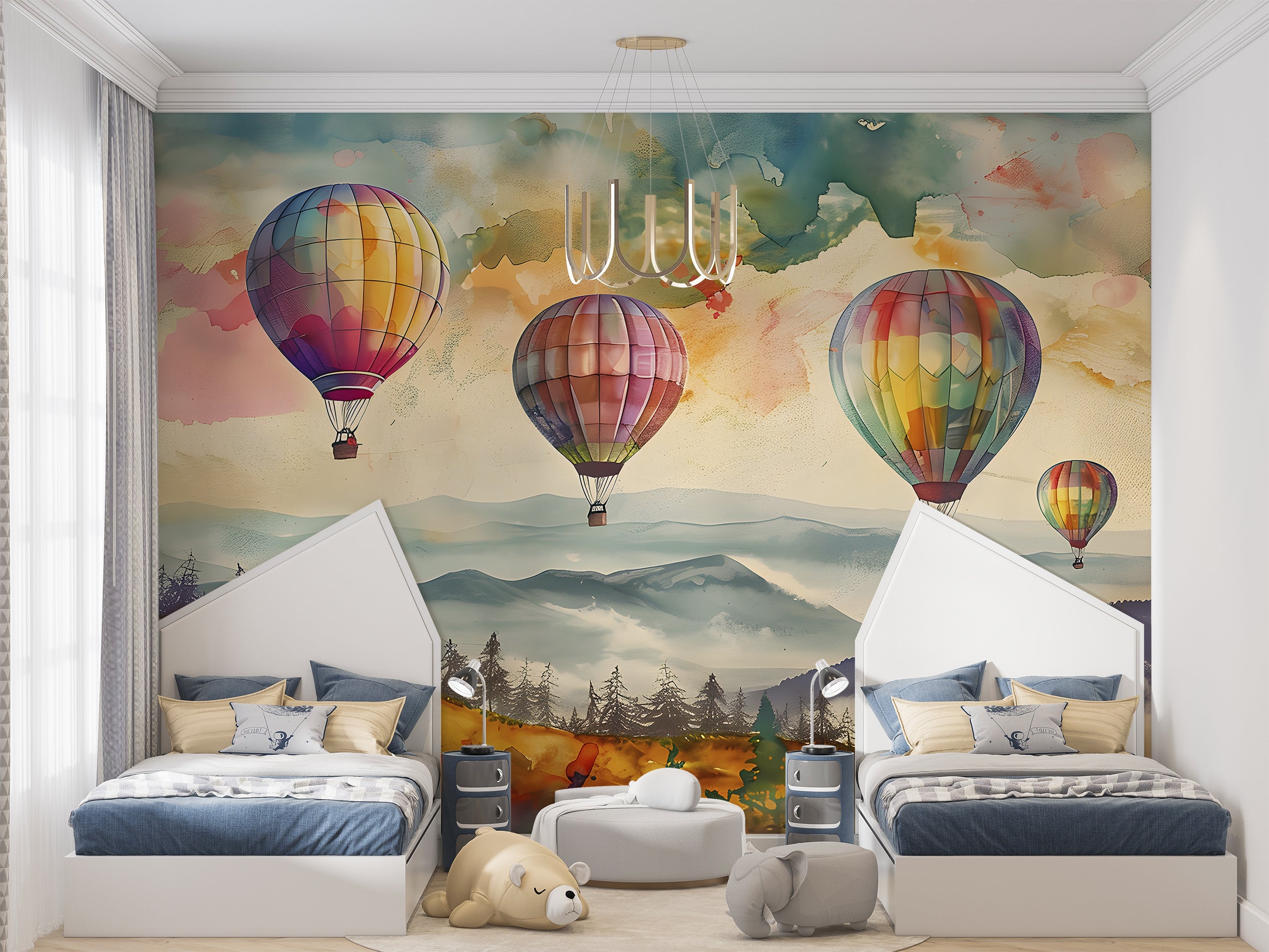 Colorful Hot Air Balloons Mural, Peel and Stick Watercolor Landscape, Nursery Multicolor Wall Decal, Mountains and Forest Kids Room PVC Free