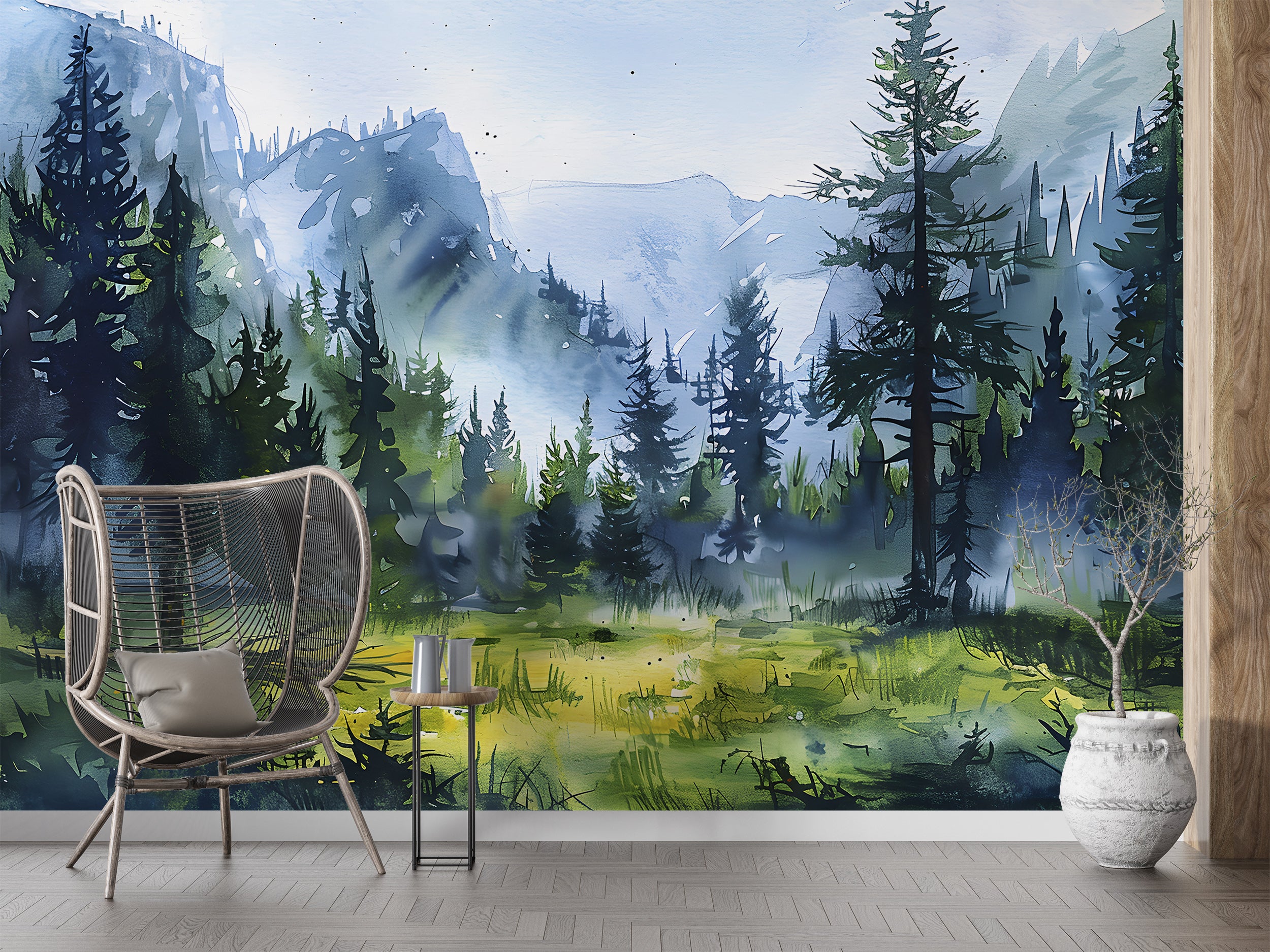 Watercolor Nature Wall Mural, Peel and Stick Mountain Landscape Art, Wild Forest Wallpaper, Removable Custom Size National Park Decal