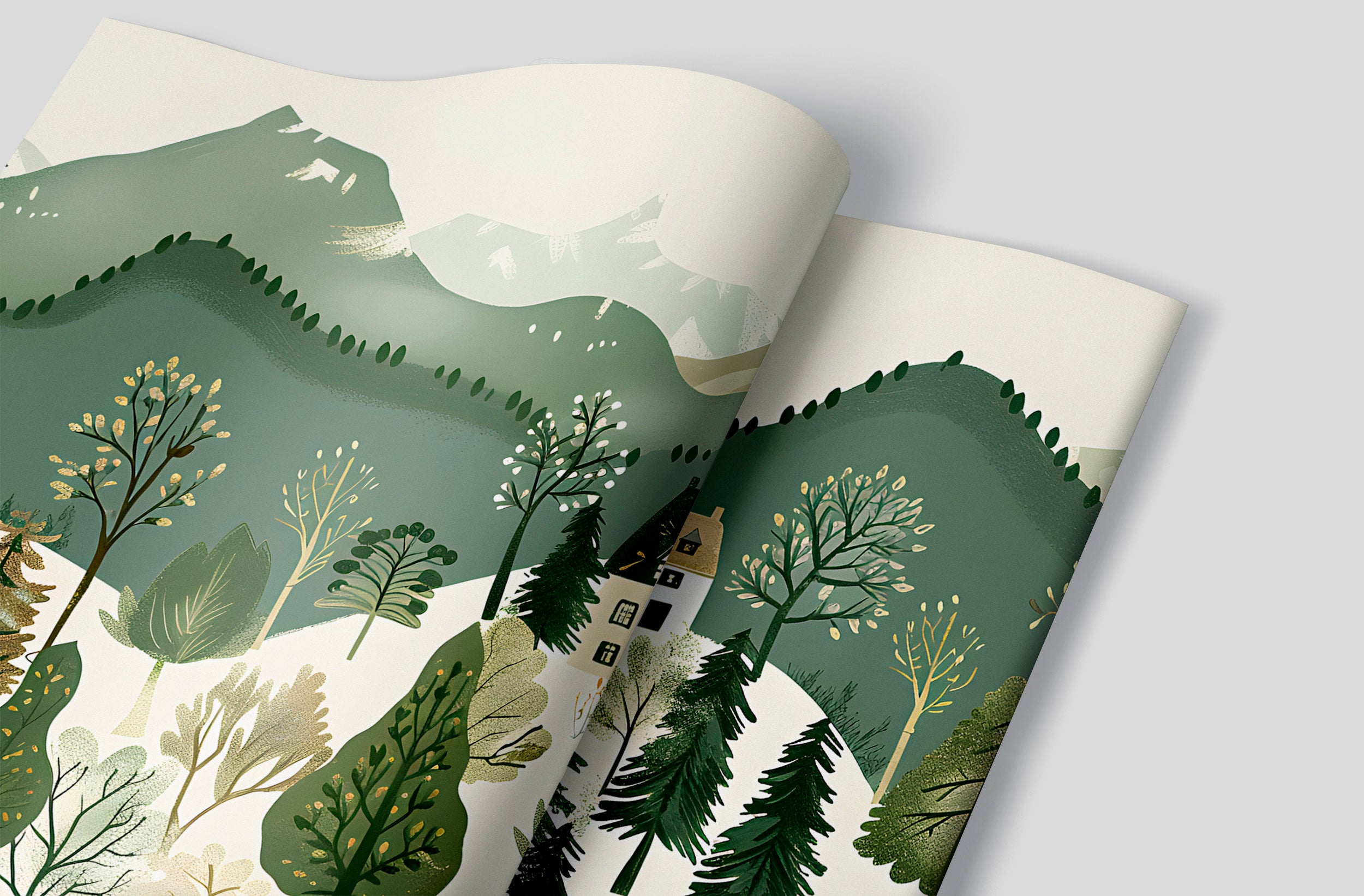 Green and Beige Forest Village Mural, Peel and Stick Mountains Trees and Houses Wallpaper, Removable Horizontal Seamless Pattern Wall Decor