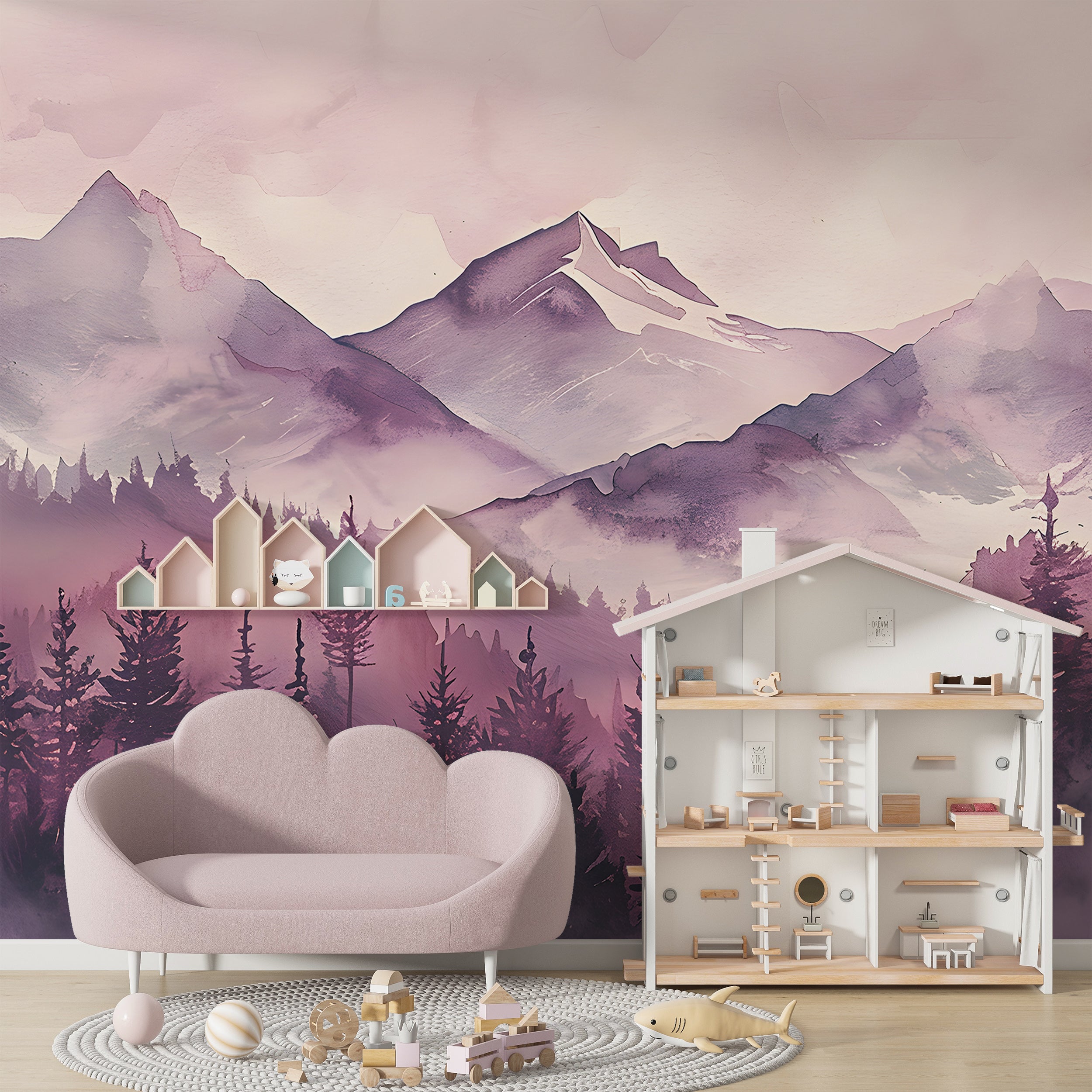 Soft Pink Mountains and Forest Mural, Peel and Stick Watercolor Mountains Landscape Wallpaper, Nursery Removable Custom Size Decor