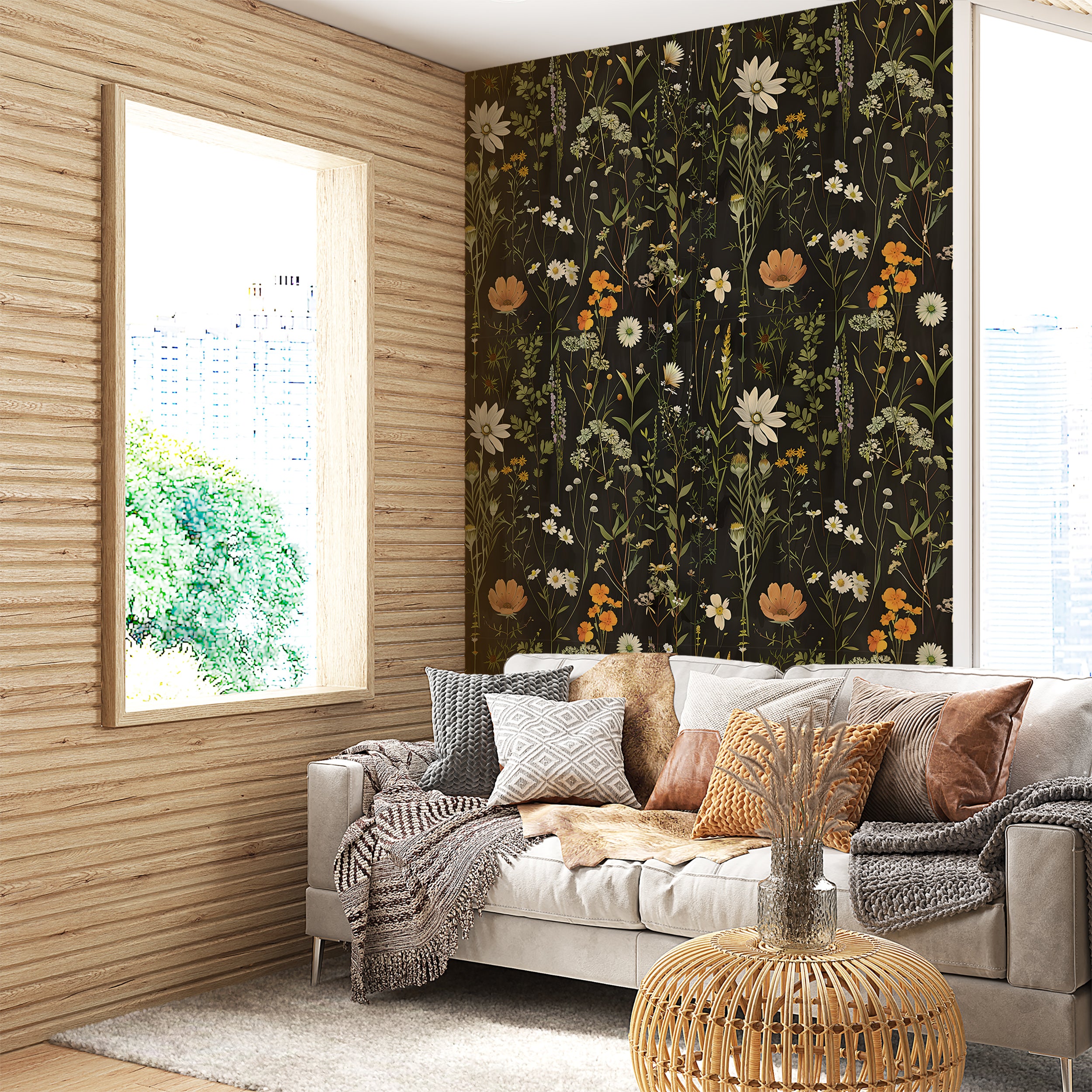 Meadow Flowers Wallpaper, Dark Botanical Decal, Peel and Stick Dark Floral, Vintage Flower Wallpaper, Removable Wild Flowers Black Background