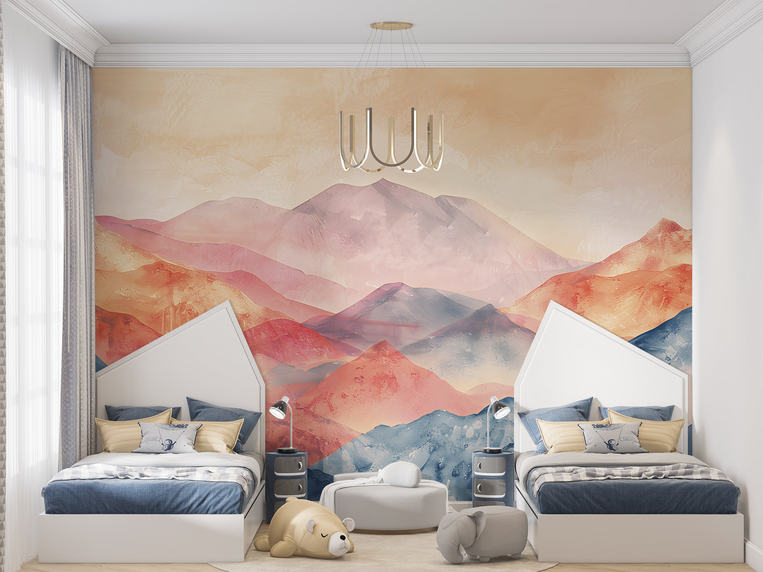 Abstract Mountains Mural, Colorful Peel and Stick Mountain Landscape Wallpaper, Watercolor Modern Style Removable Wall Mural, Custom Size Art
