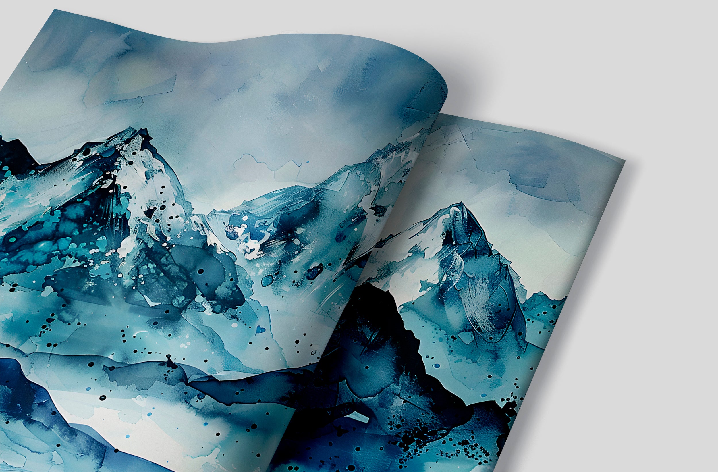 Snowy Mountains Mural, Abstract Blue Mountains Wall Art, Peel and Stick Cold Blue Wallpaper, Watercolor Removable Iced Landscape Decal