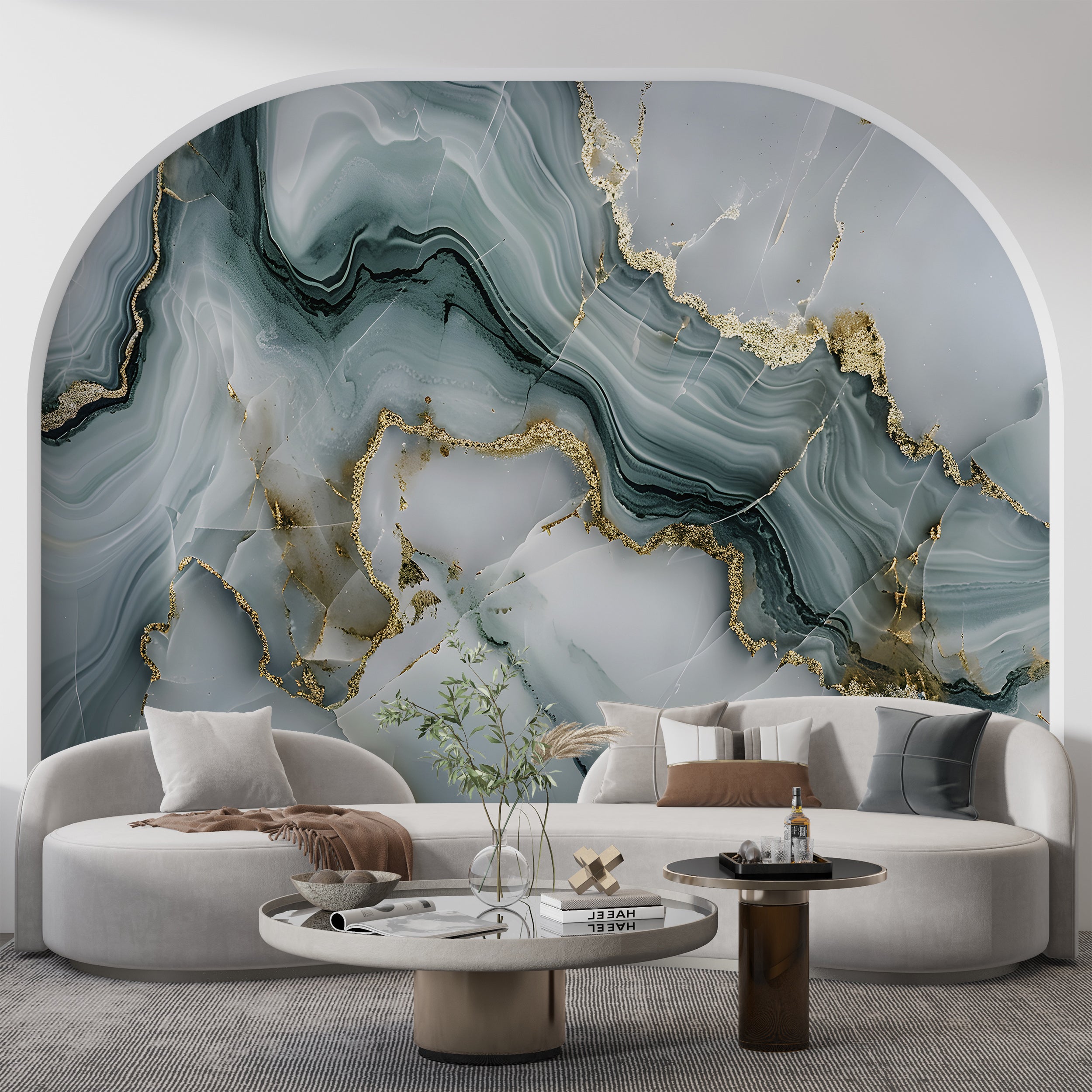 Mint Grey and Gold Alcohol Ink Mural, Peel and Stick Marble Texture Wallpaper, Abstract Green and Grey Stone Wall Decor, Removable Unique Art