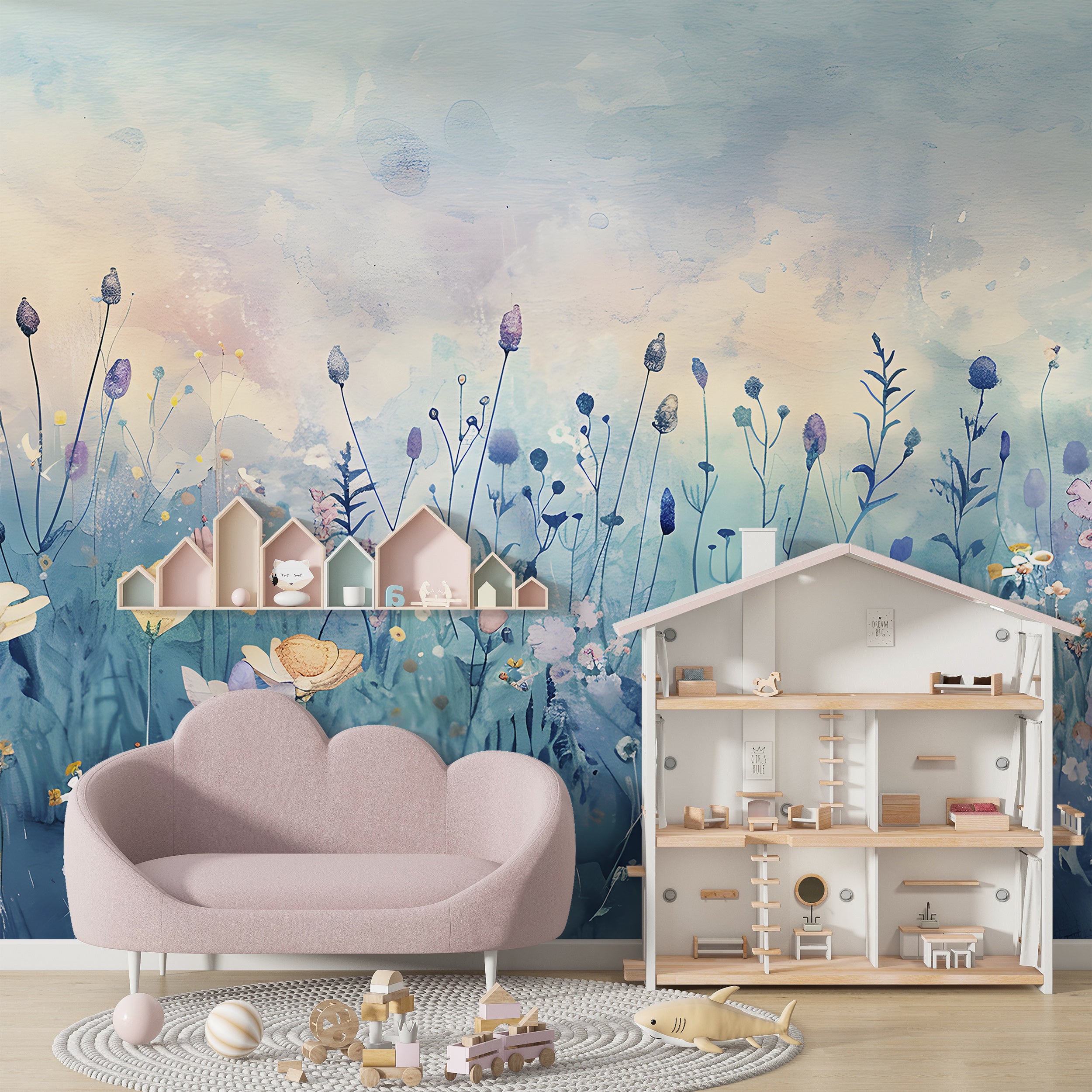 Blue Meadow Flowers Mural, Watercolor Flower Field Wallpaper, Pastel Colors Peel and Stick Floral Wall Mural, Removable Botanical Art, PVC-free