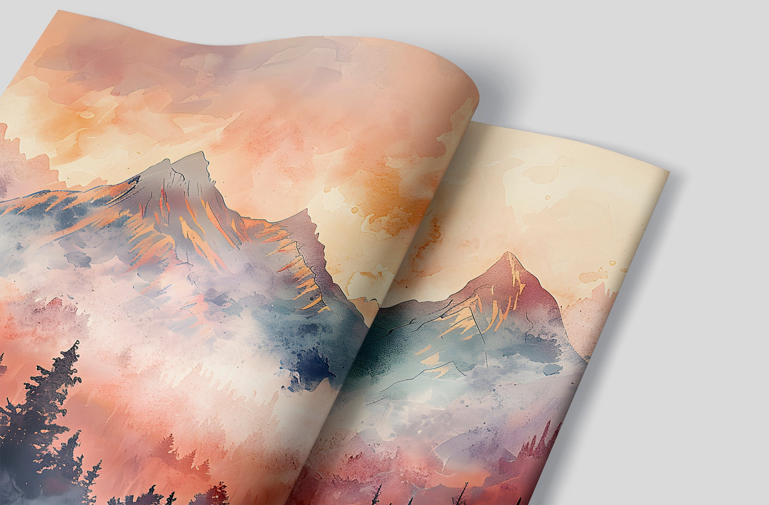Foggy Colorful Mountains Mural, Watercolor Forest and Mountains Landscape in Pastel Colors, Peel and Stick Orange Misty Mountain Wallpaper