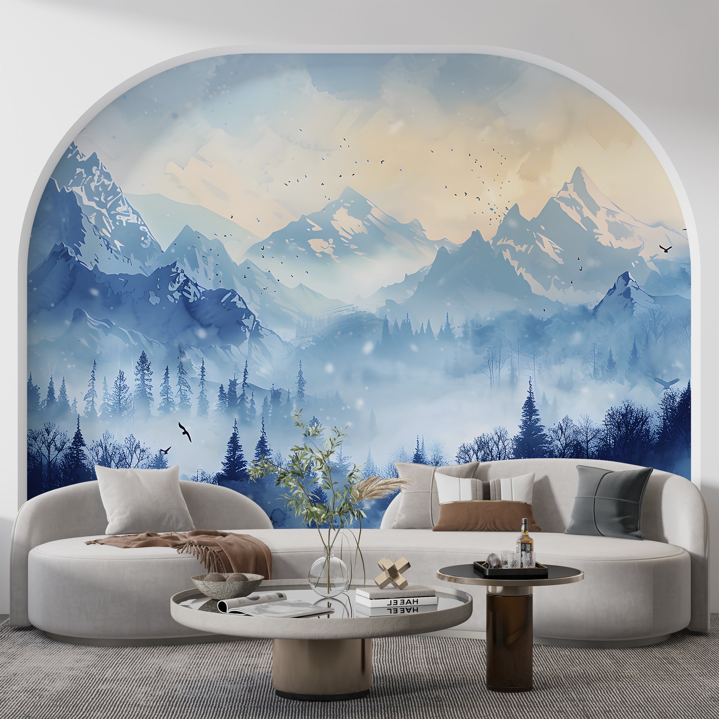 Winter Mountains Mural, Watercolor Blue Mountain and Forest Landscape, Peel and Stick Foggy Nature Wallpaper, Nursery Removable Misty Decal