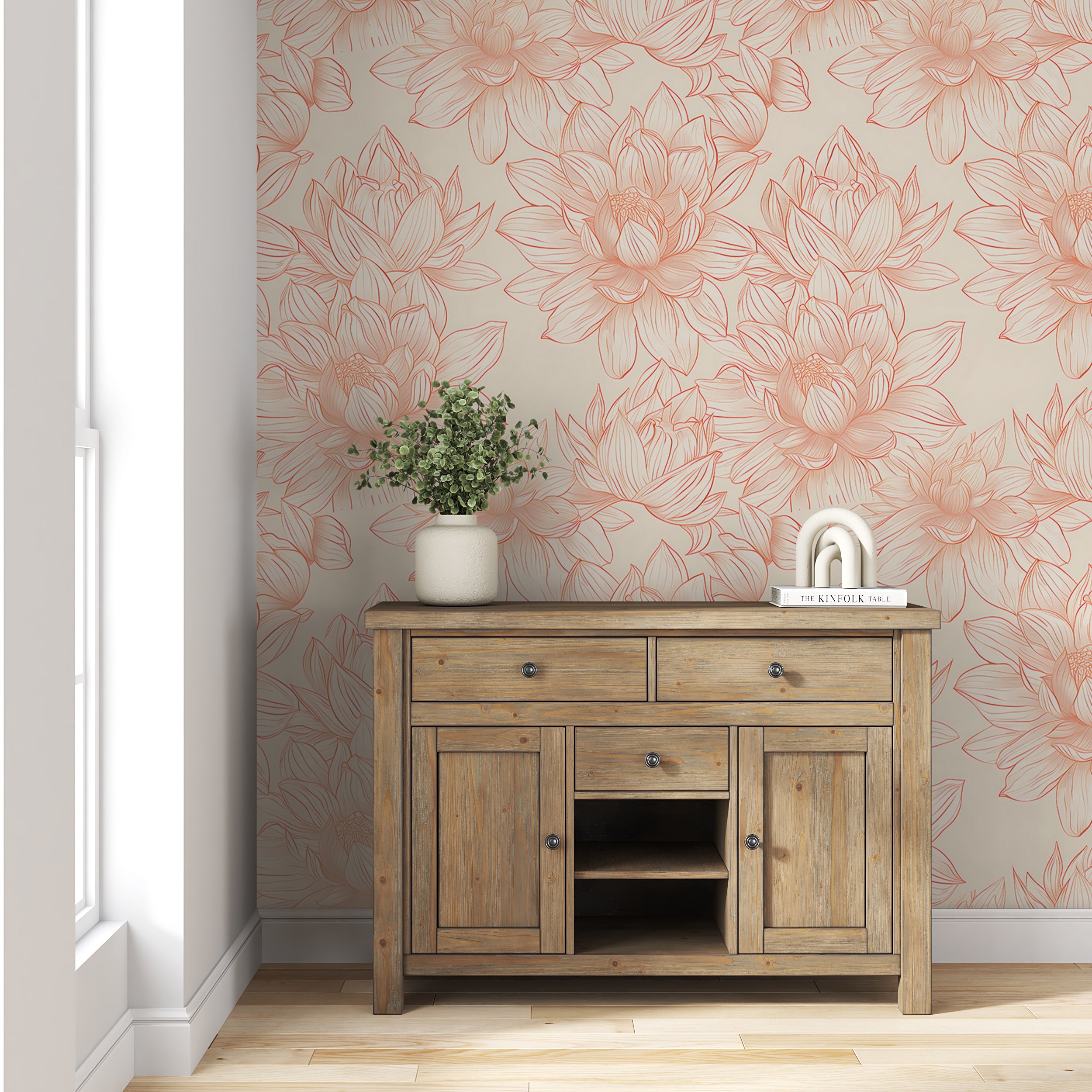 Lotus Flowers Wallpaper, Peel and Stick Pastel Colors Floral Wallpaper, Dusty Rose and Beige Botanical Wall Decor, Removable Flower Pattern Decal