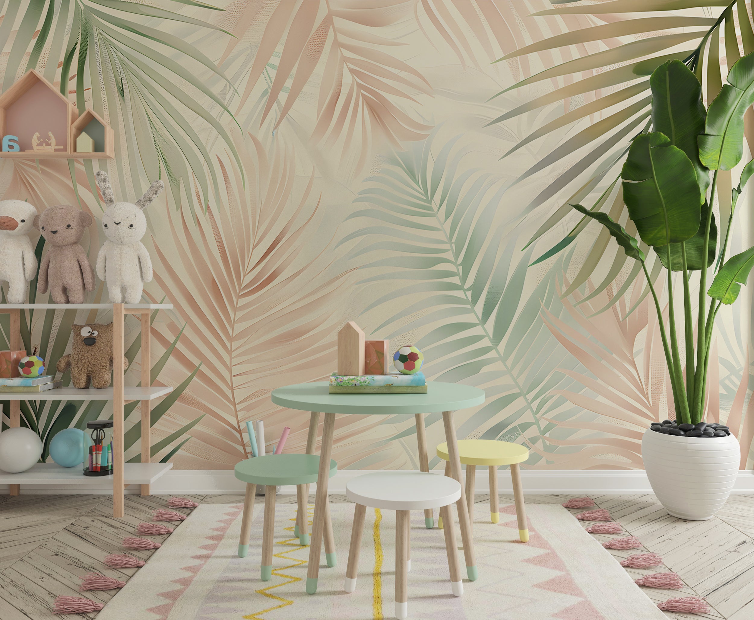 Colorful Palm Leaf Mural, Pastel Colors Tropical Wallpaper, Peel and Stick Nursery Botanical Wall Decal, Custom Size Removable Wall Decor
