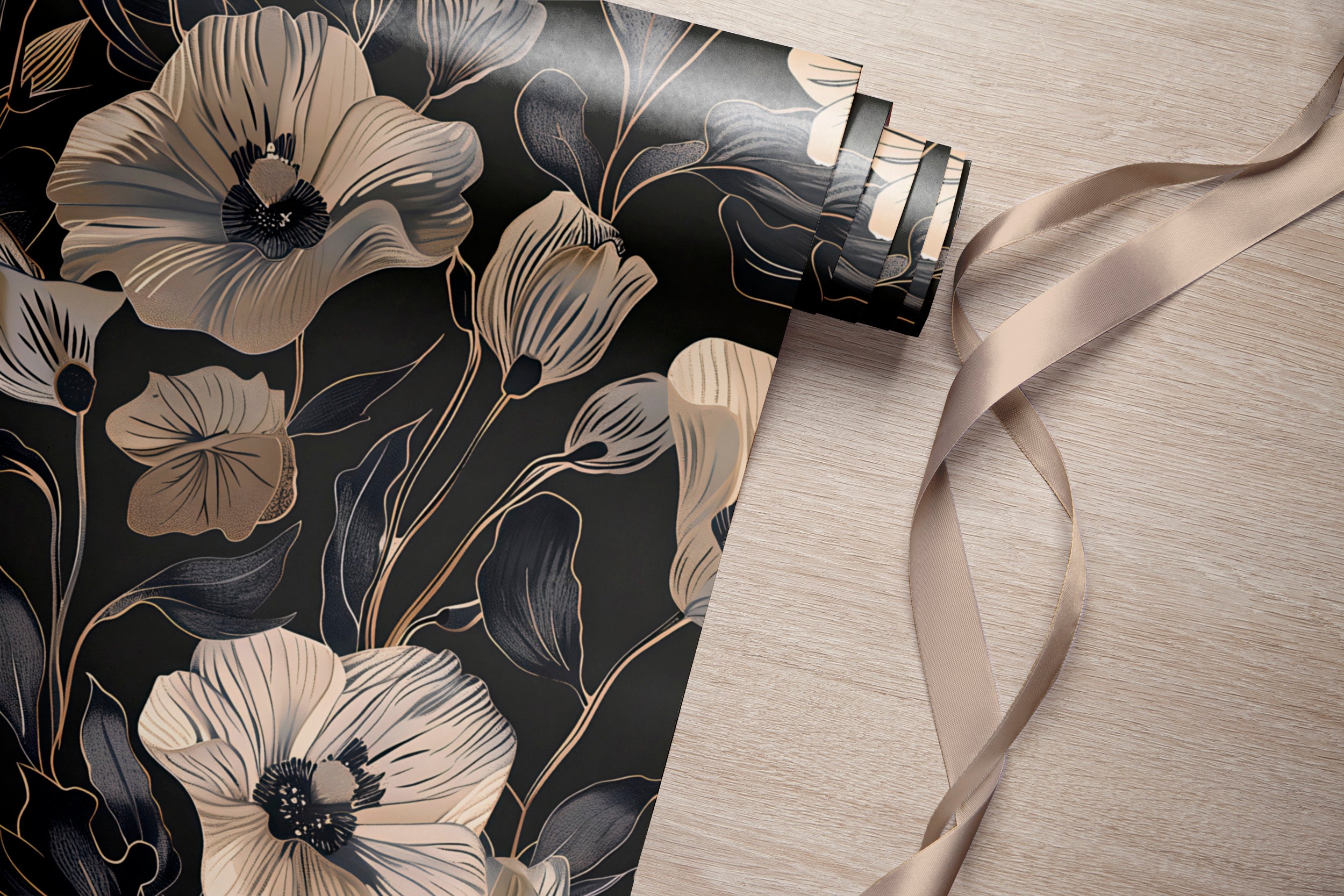 Dusty Rose and Dark Grey Floral Wallpaper, Peel and Stick Poppy Flowers Wall Decal, Removable Dark Botanical Decor, Pink & Black Flowers