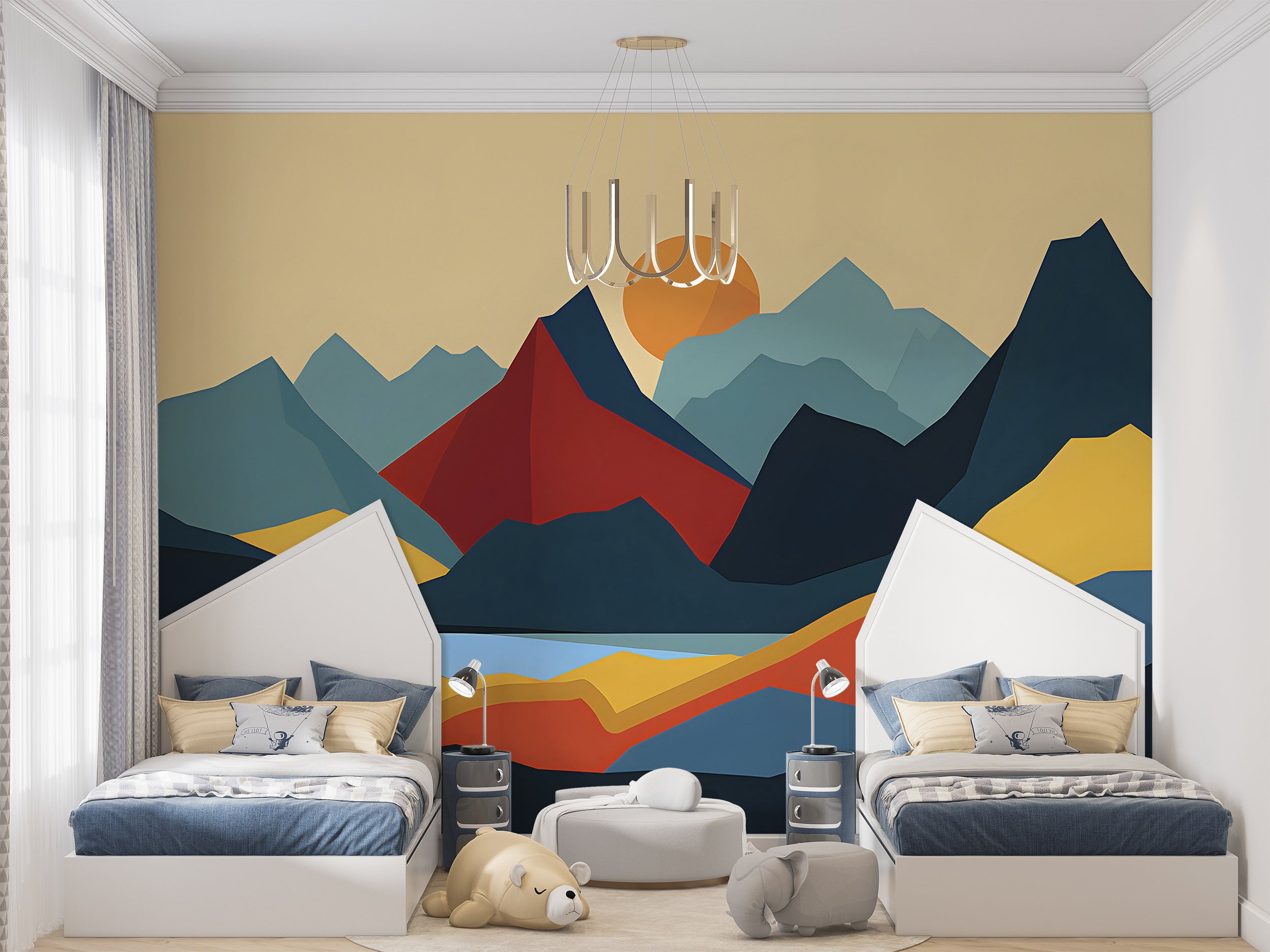 Colorful Cartoon Style Mountains Mural, Simple and Minimalistic Landscape Wallpaper, Peel and Stick Nursery Kids Room Abstract Nature Art Decal