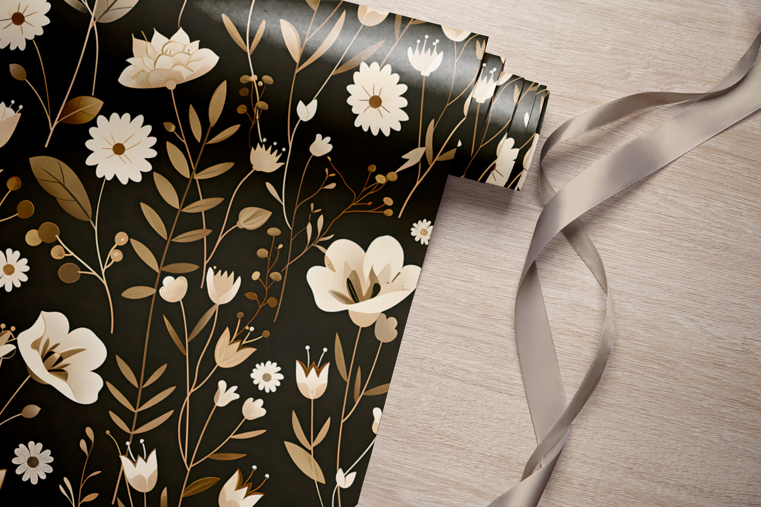 Dark Meadow Floral Wallpaper, White and Brown Botanical Decal, Wild Flowers Wallpaper, Peel and Stick Removable Vintage Flower Decal