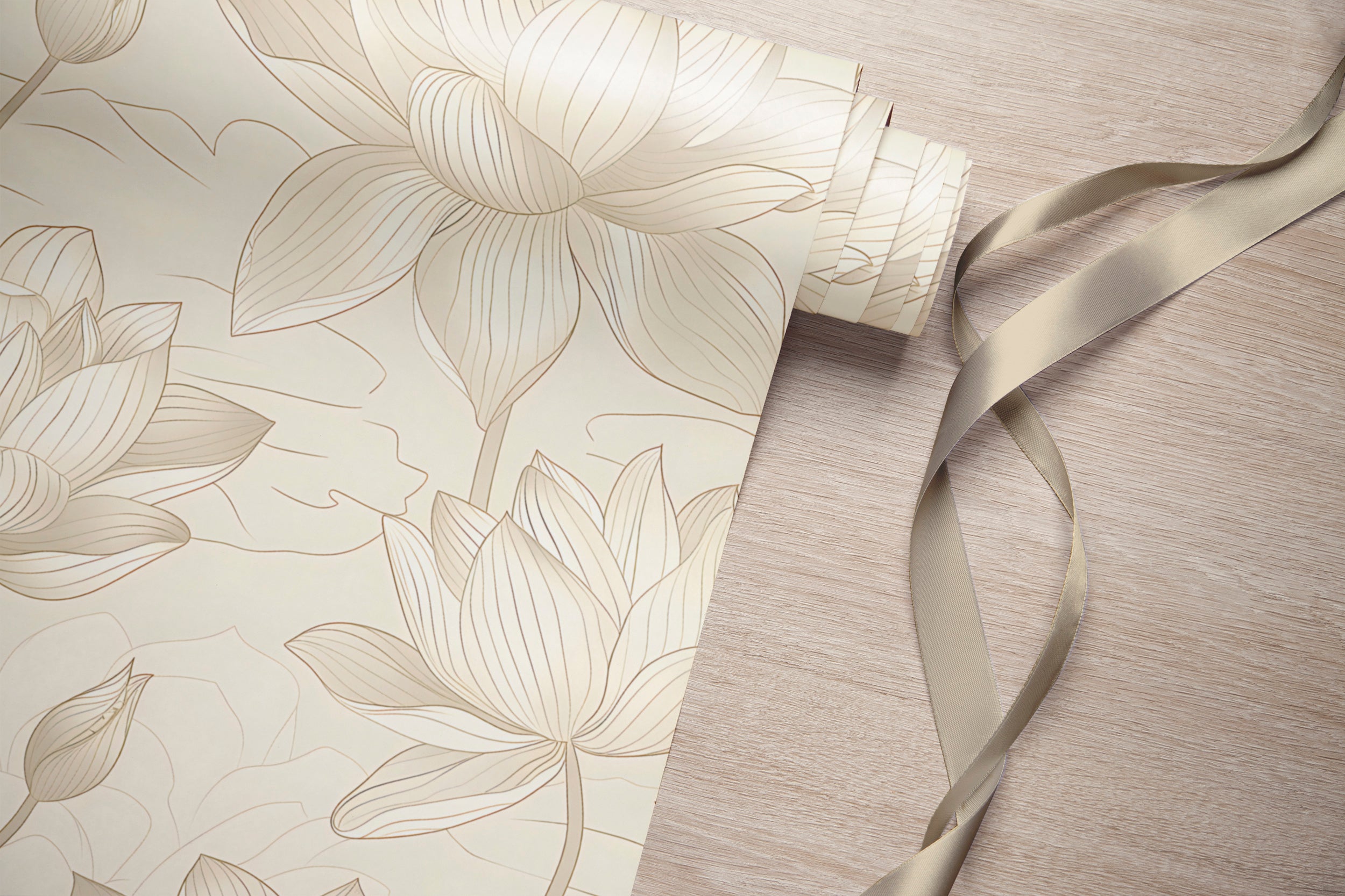 Beige Minimalistic Lotus Wallpaper, Peel and Stick Floral Wall Decal, Light Beige Lotus Pattern Wallpaper, Removable Botanical PVC-free Decor