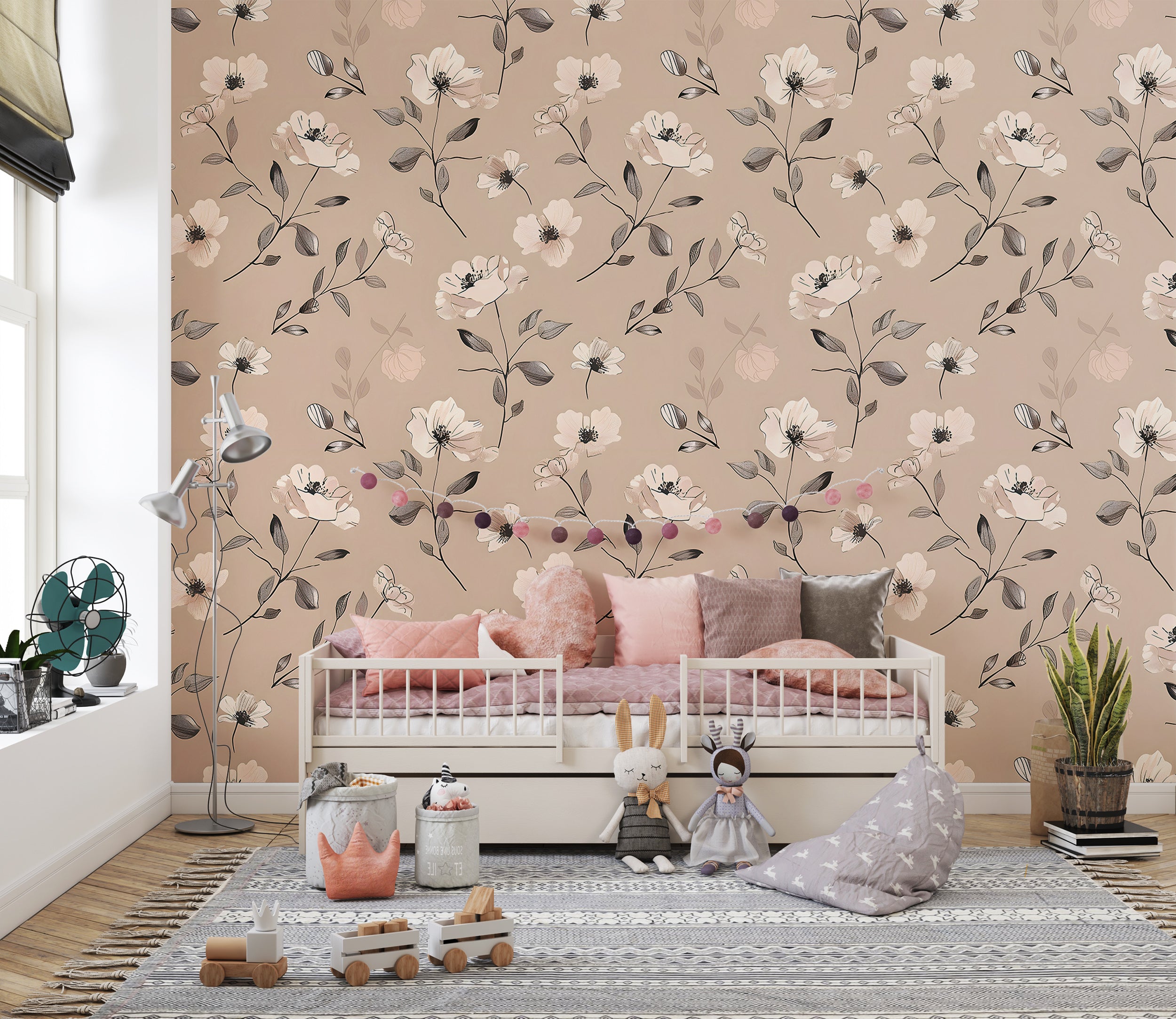 Watercolor Soft Pink Floral Wallpaper, Self-adhesive Dusty Rose Botanical Wall Decal, Meadow Flowers Removable Pastel Colors Wall Decor