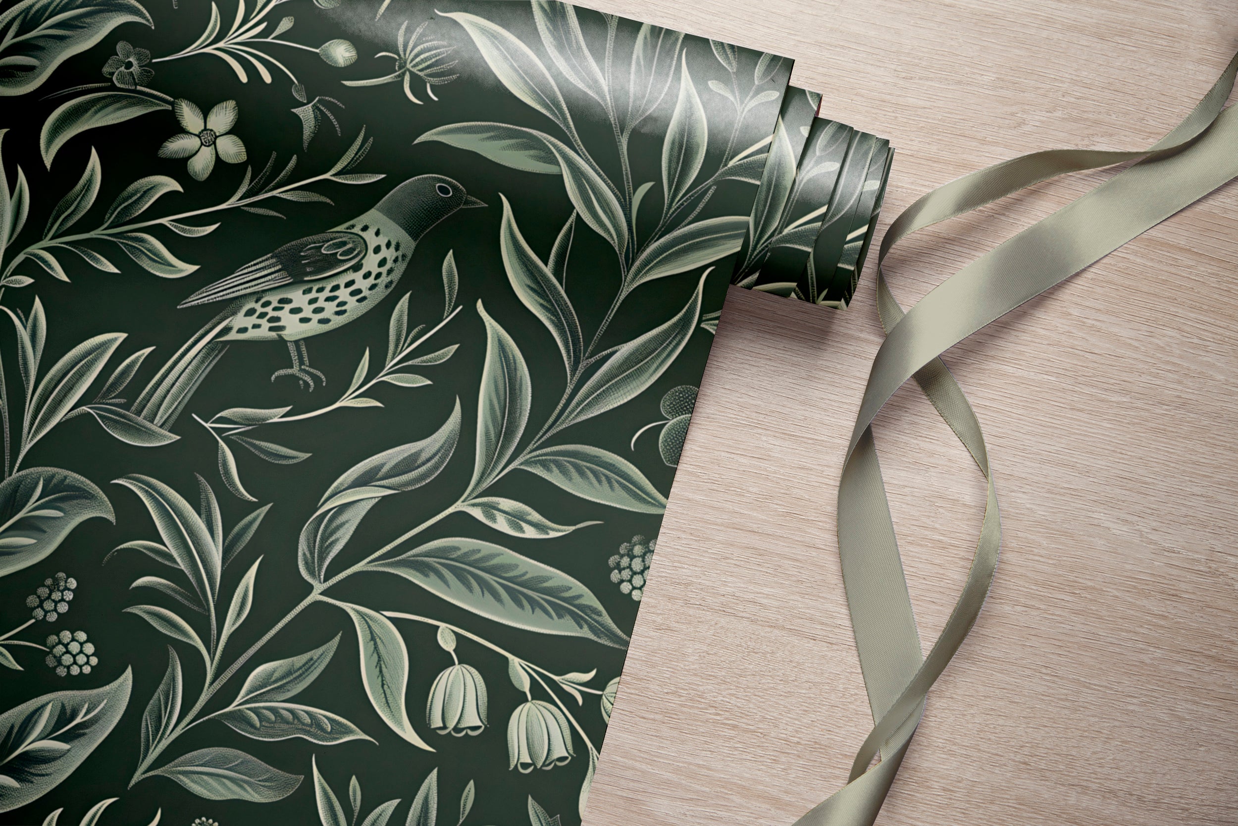 Vintage Green Floral Wallpaper, Dark Green Botanical Classic Wall Decal, Peel and Stick Chinoiserie Wallpaper, Removable Bird and Leaves Pattern