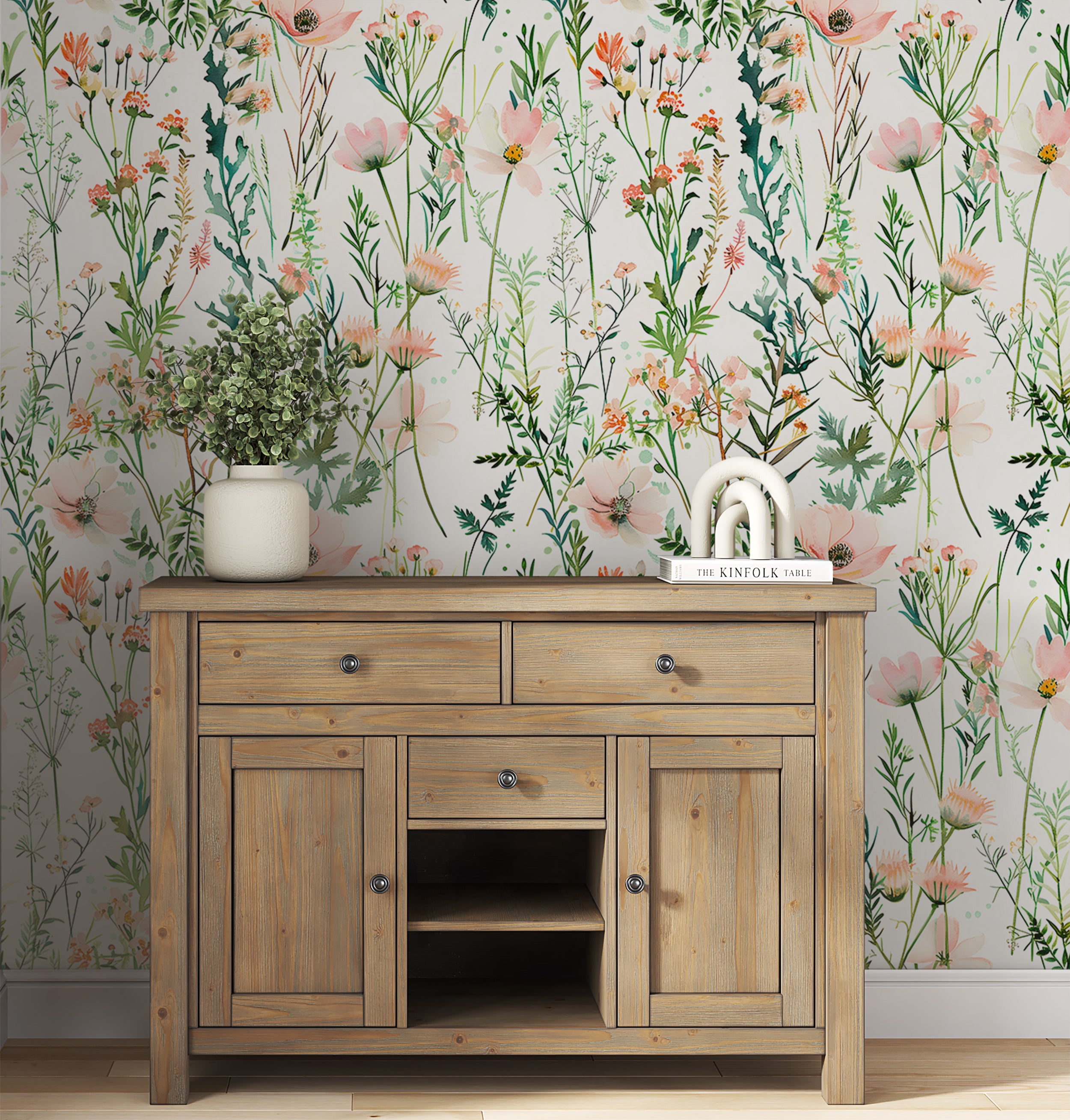 Wild Floral Wallpaper, Pastel Pink and Green Botanical Pattern, Watercolor Meadow Flowers Decal, Peel and Stick Minimalistic Light Floral Decor