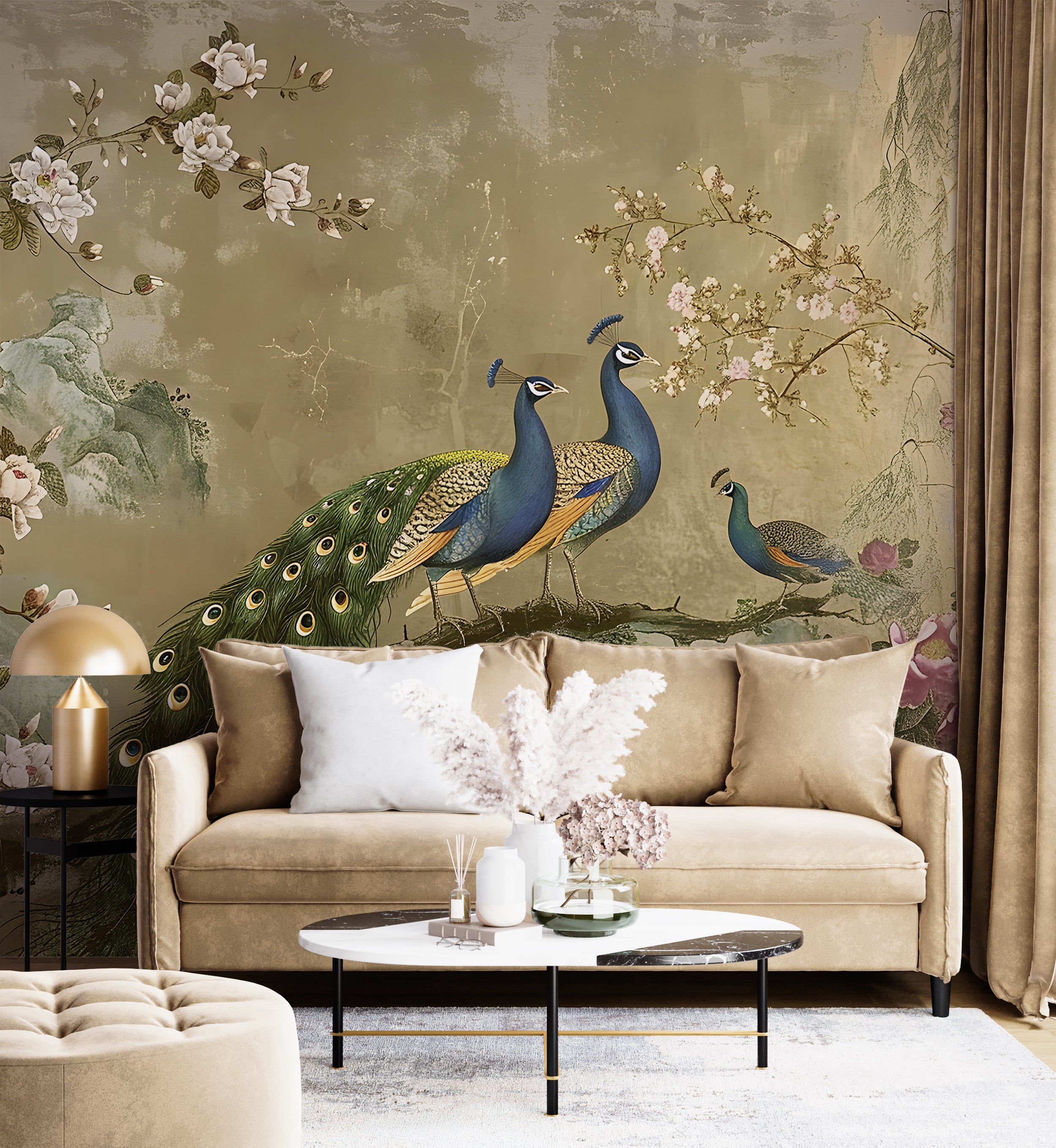 Chinoiserie Wallpaper, Colorful Peacock Wall Mural, Removable Vintage Golden Floral Wallpaper, Peel and Stick Classic Mural With Flowers and Birds