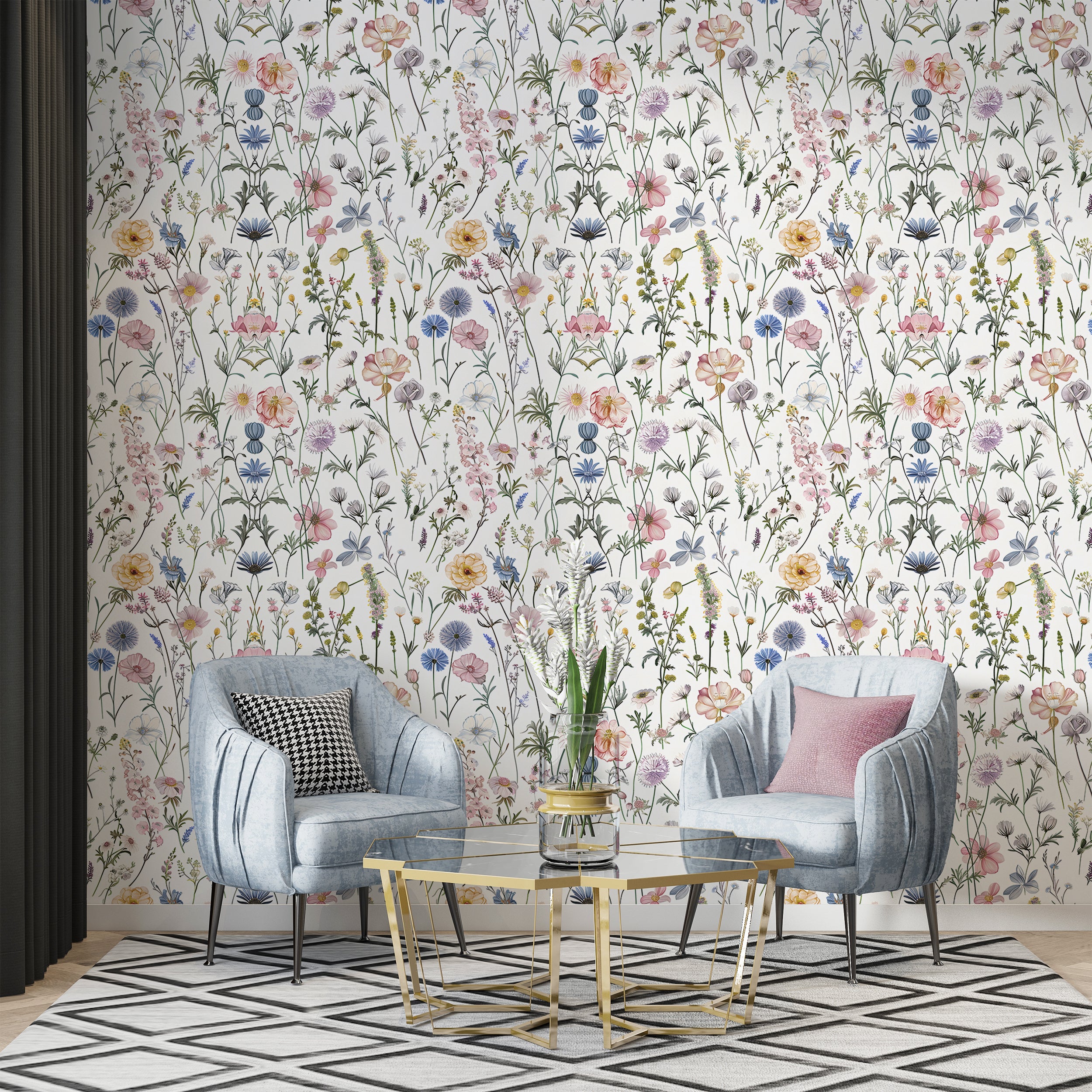 Delicate Flowers in Pastel Colors Wallpaper, Peel and Stick Light Floral Wall Decal, Wild Meadow Flower Pattern Wallpaper, Removable PVC-free