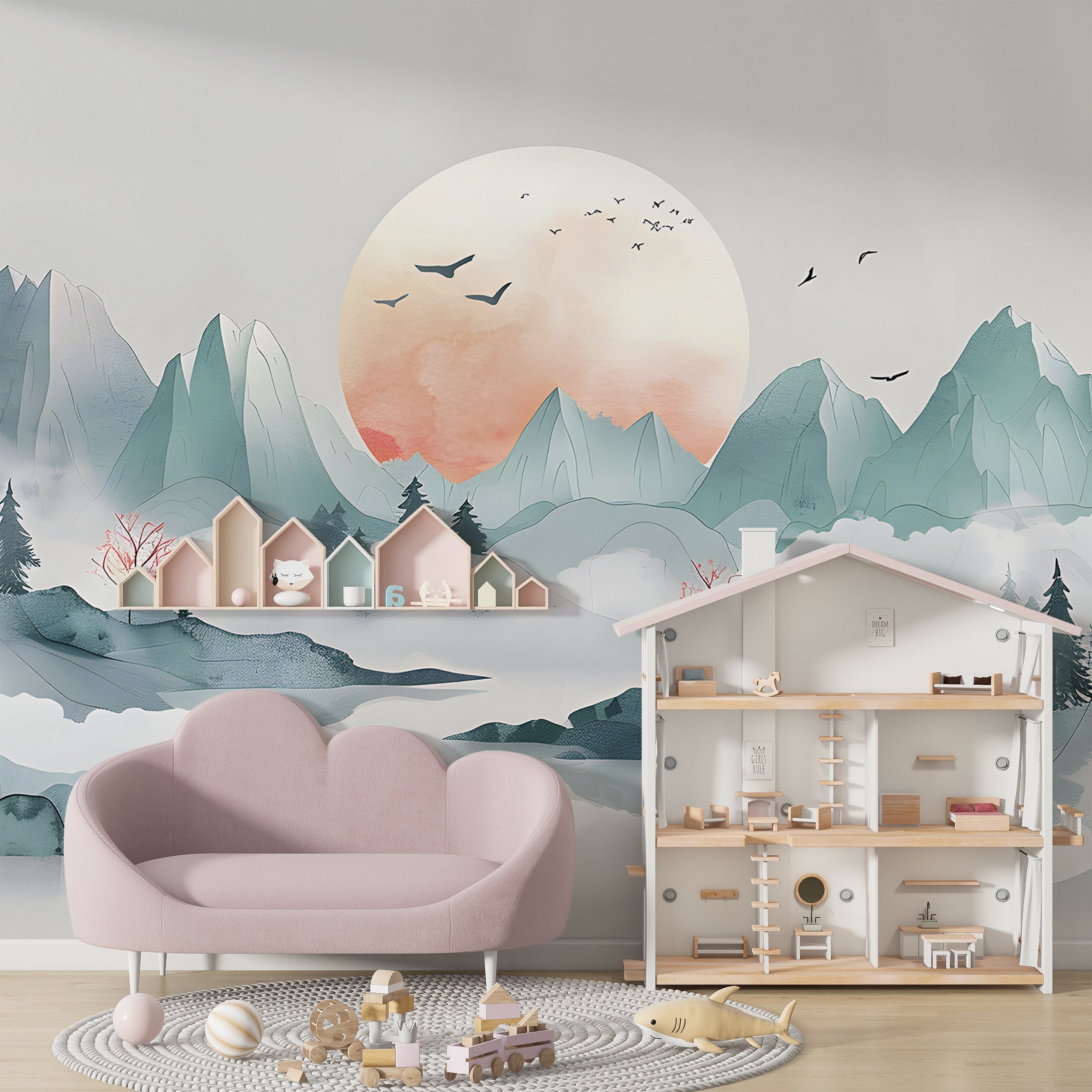 Japanese Abstract Landscape Mural, Peel and Stick Pastel Green Mountains Wallpaper, Foggy Mountain Sunset Watercolor Wall Mural