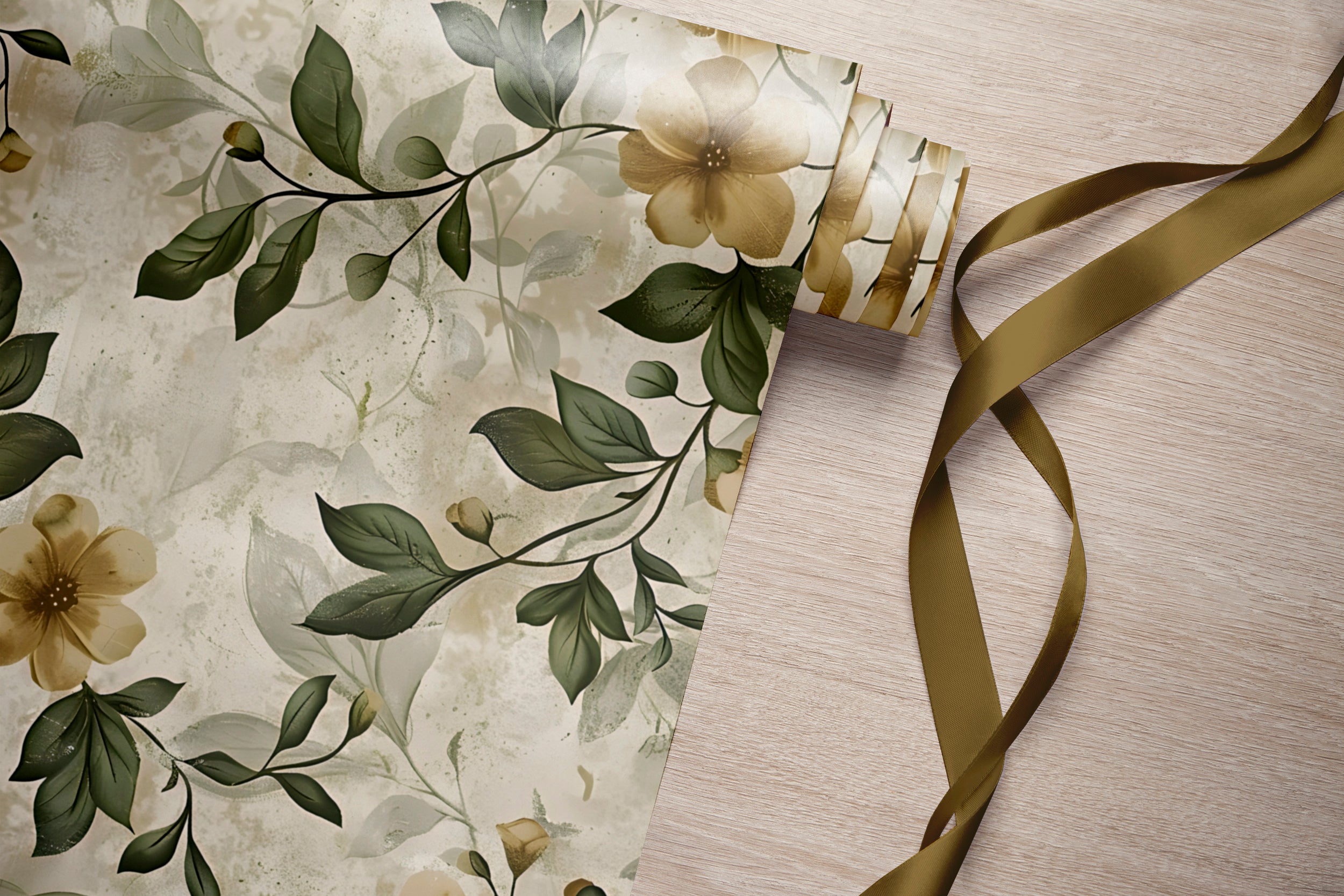 Rustic Beige and Green Floral Wallpaper, Vintage Peel and Stick Botanical Wall Decal, Removable Flowers and Leaves Old Style Wallpaper