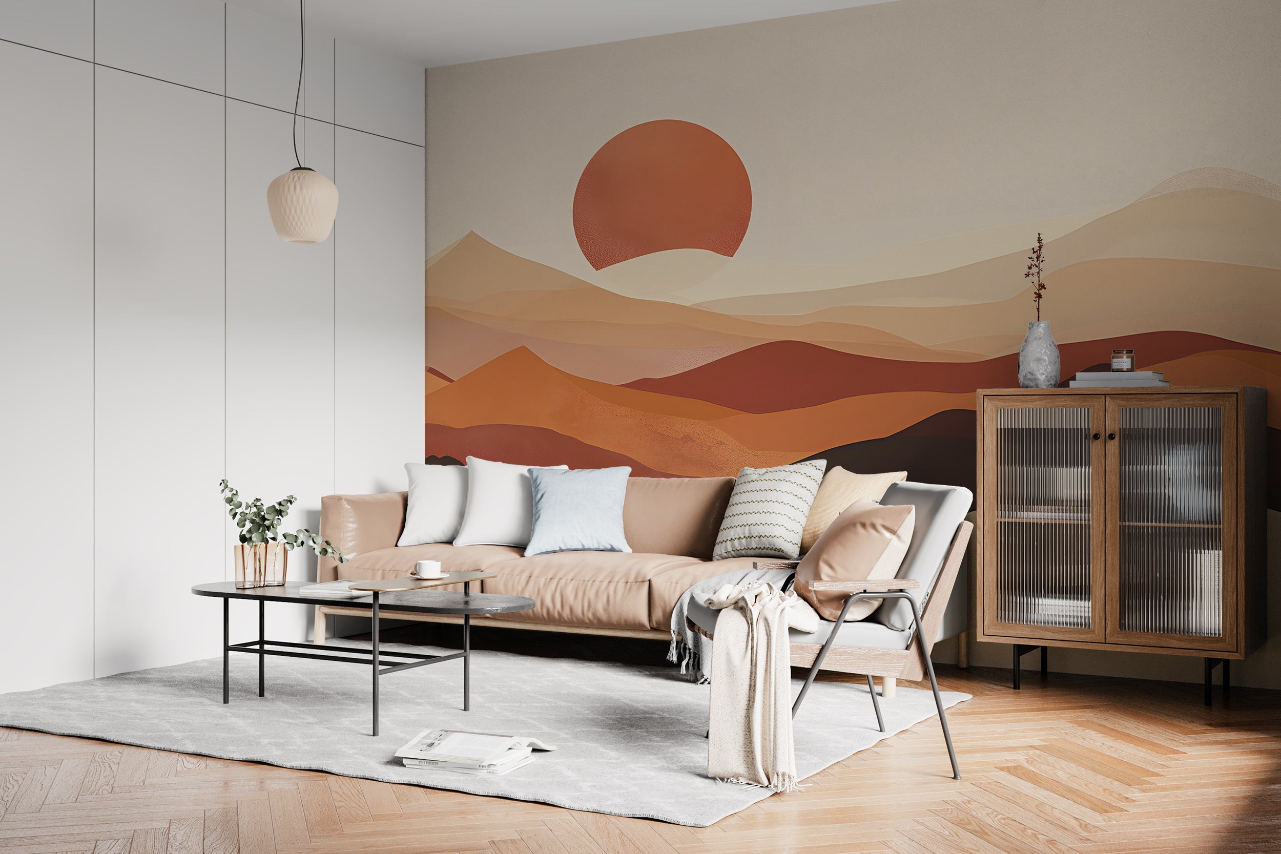 Minimalistic Desert Wall Mural, Peel and Stick Watercolor Sand Dunes Wallpaper, Abstract Mountain Sunset Mural, Beige and Brown Boho Mural