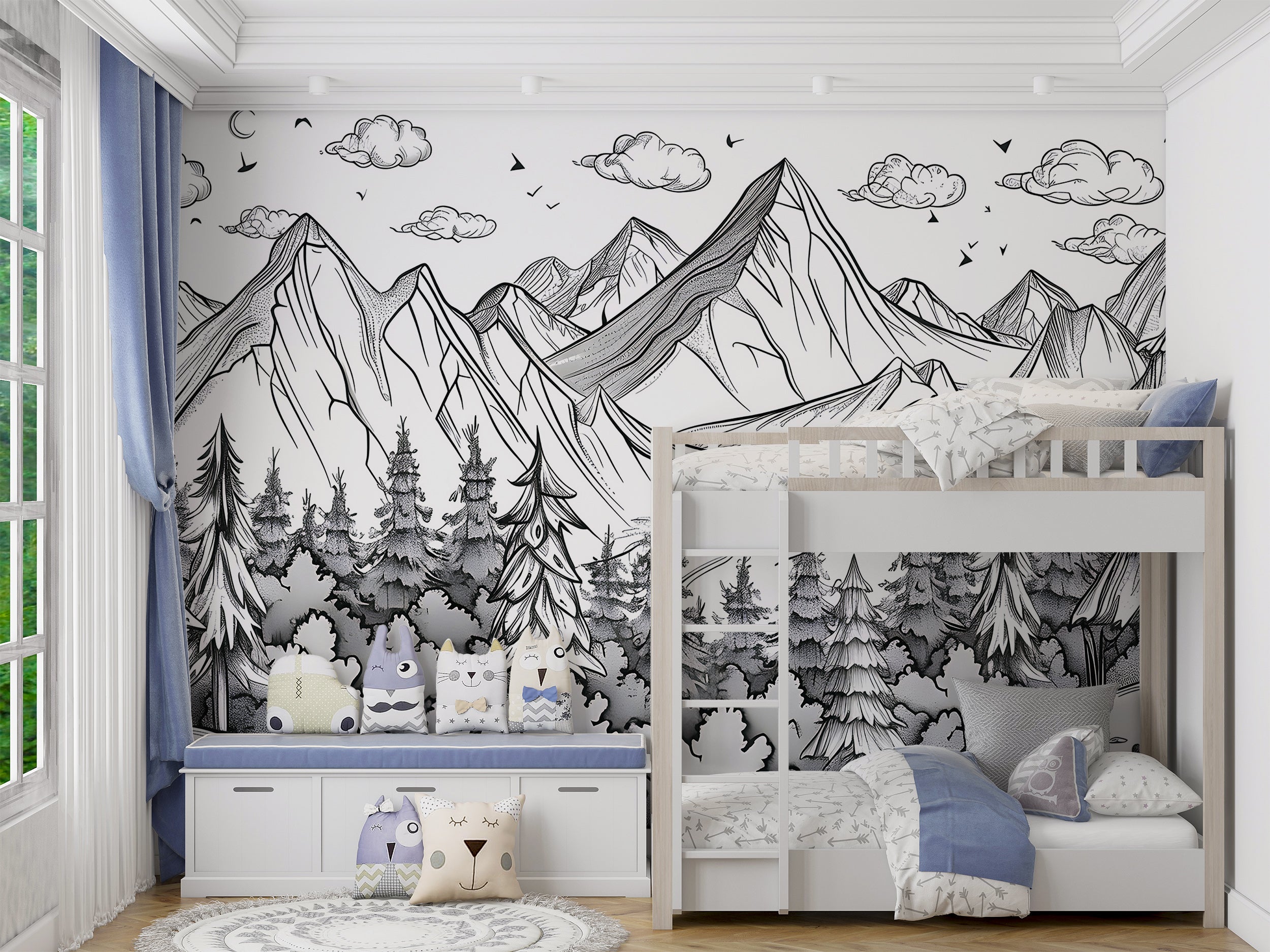 Mountains and Forest in Doodling Style Mural, Peel and Stick Nature Landscape Sketch Wallpaper, Black&White Cartoon Landscape Decor