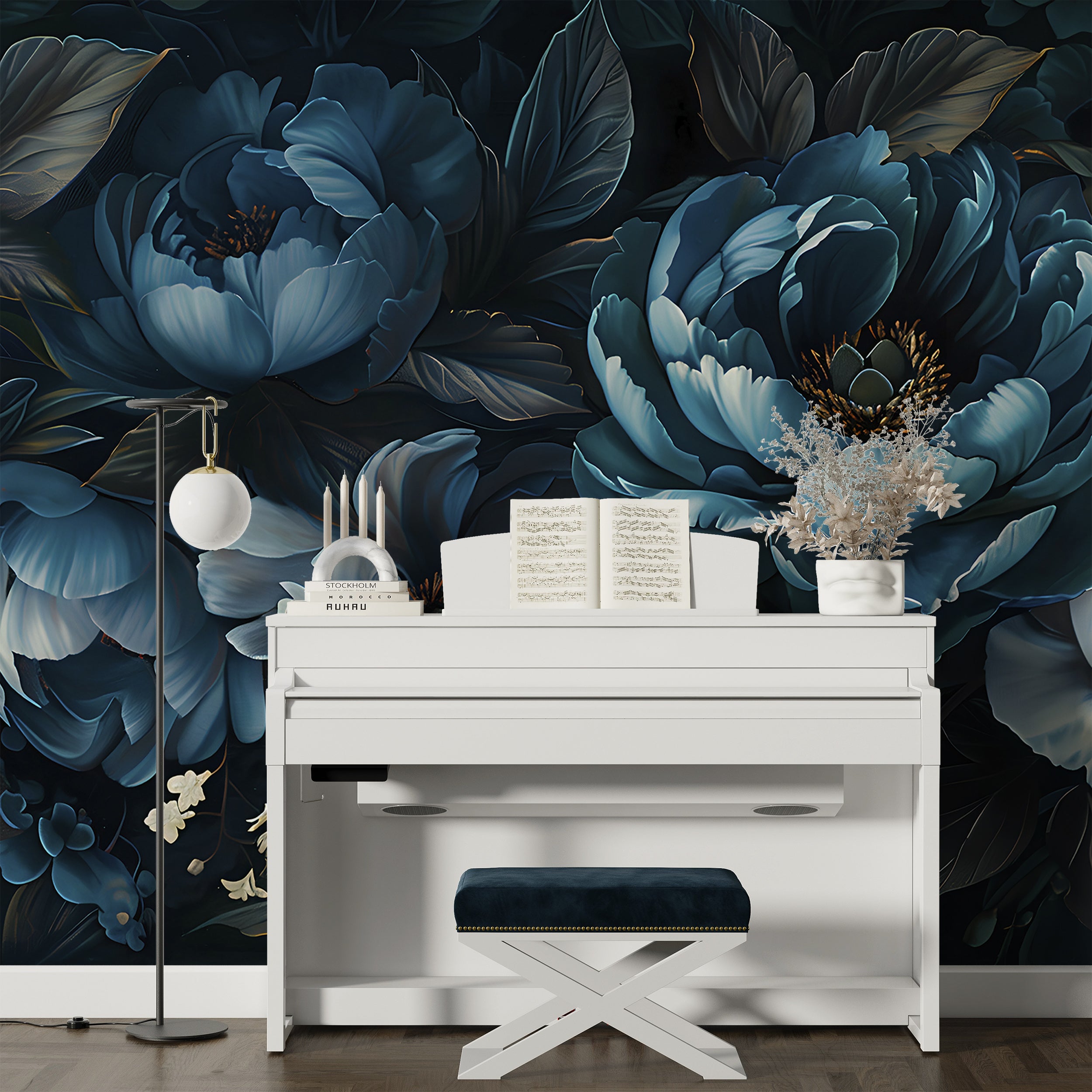 Dark Blue Peonies Mural, Peel and Stick Large Flowers Wallpaper, Removable Deep Blue Floral Wall Decal, Peony Accent Wall Art, PVC free Decor