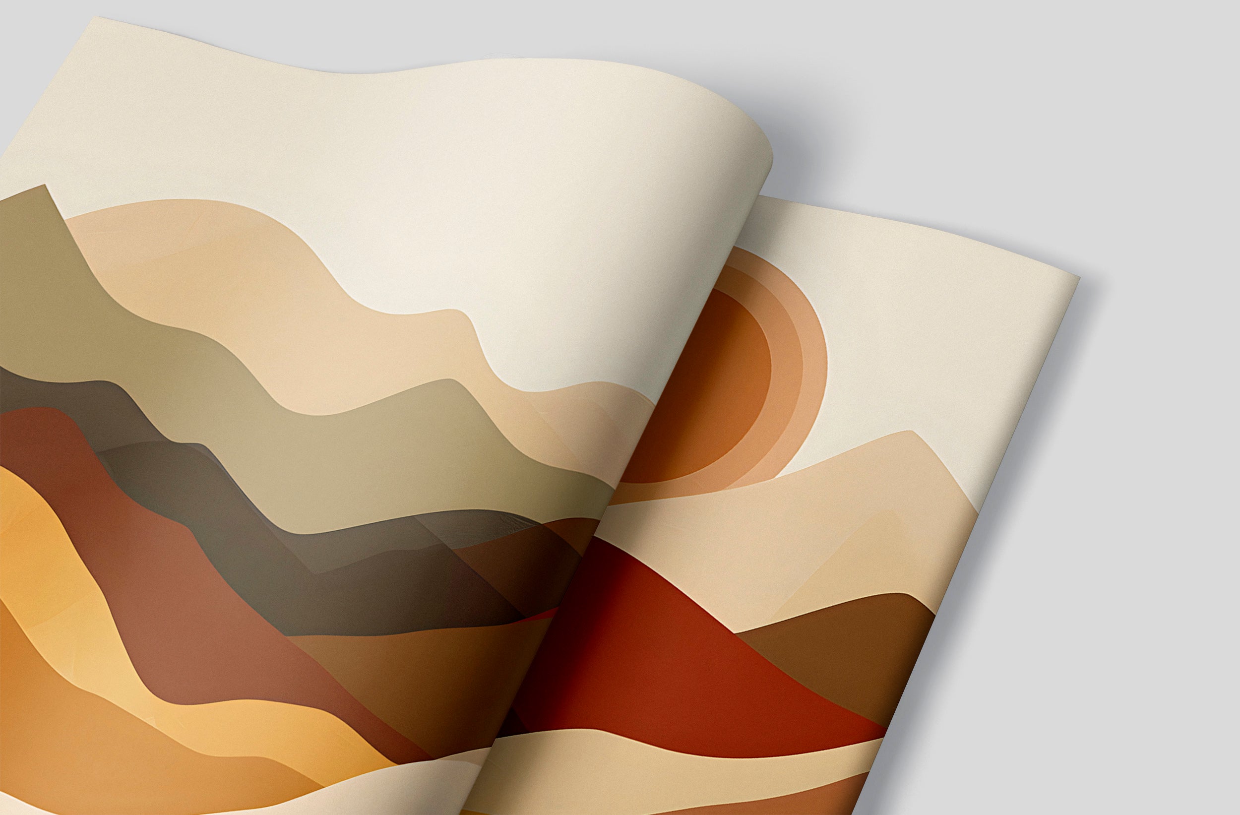 Boho Style Mountains Sunset Mural, Beige and Brown Watercolor Mountain Landscape, Nursery Peel and Stick Abstract Sand Dunes