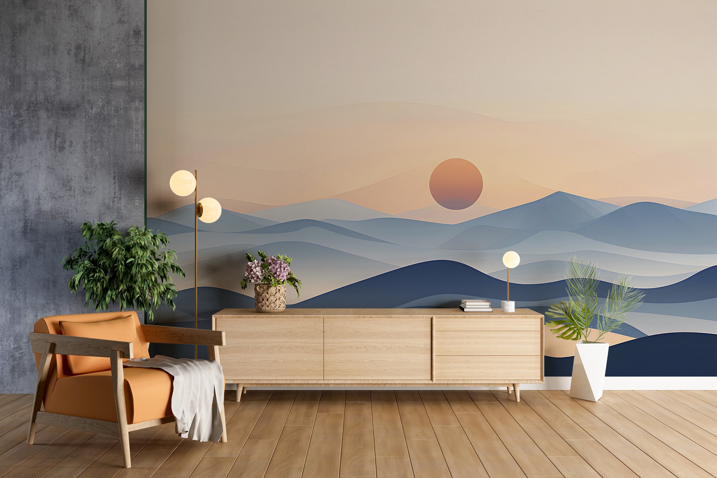 Minimalistic Abstract Blue Mountains Wall Mural, Watercolor Landscape Self-adhesive Wallpaper in Pastel Colors, Bathroom Accent Wall Art