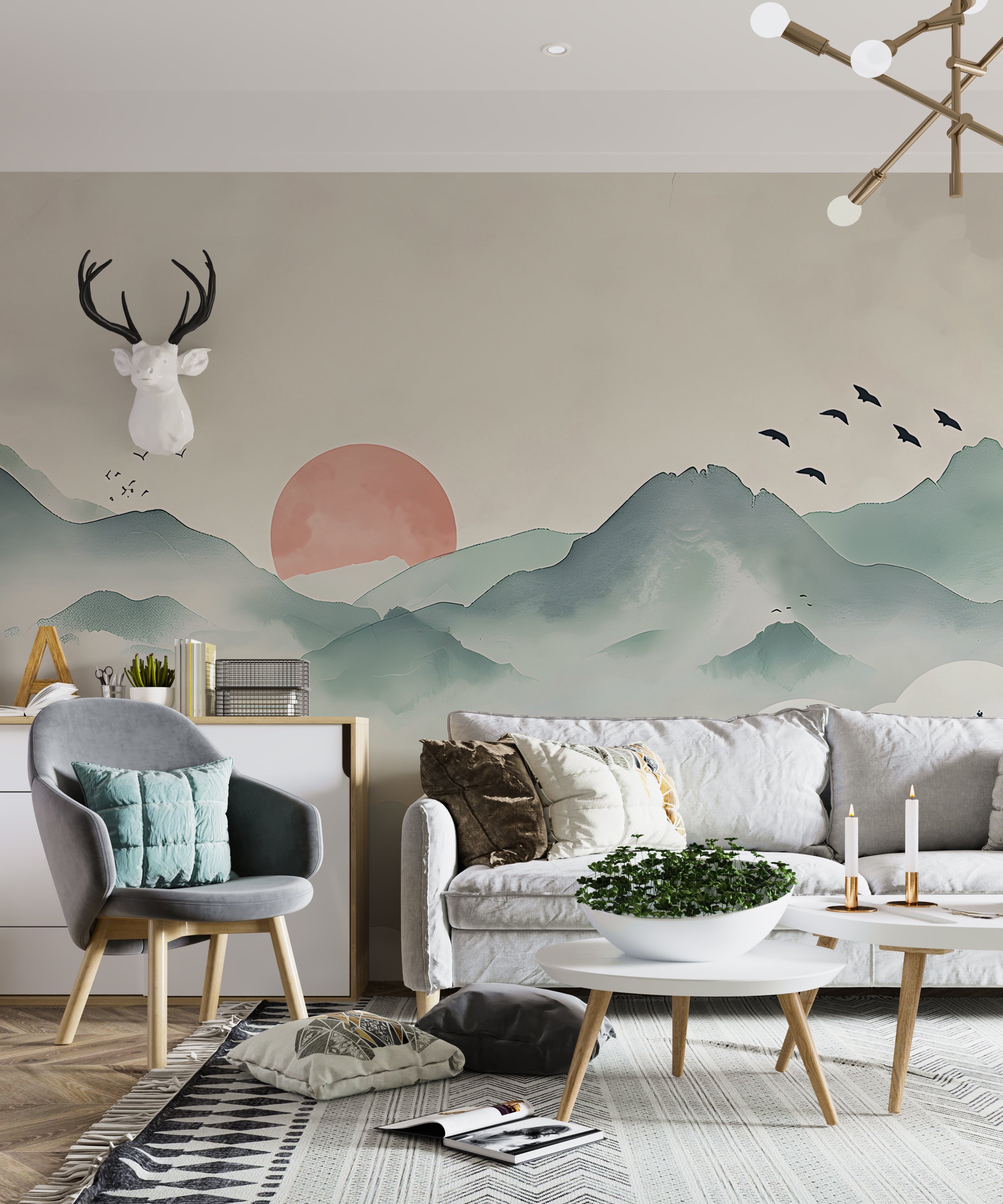 Red Sun Behind Green Mountains Mural, Watercolor Japanese Landscape Wallpaper, Peel and Stick Soft Colors Accent Wall Removable Wall Decal