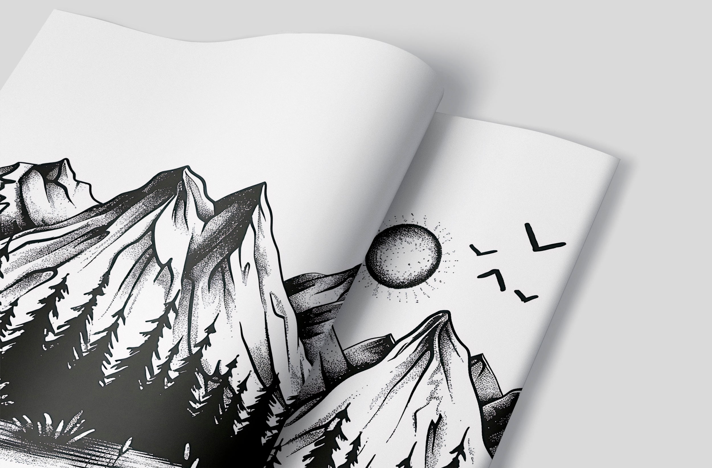 Mountains and Forest in Doodling Style Mural, Black and White Wild Nature Landscape Wallpaper, Peel and Stick Birds Sun Mountains Art