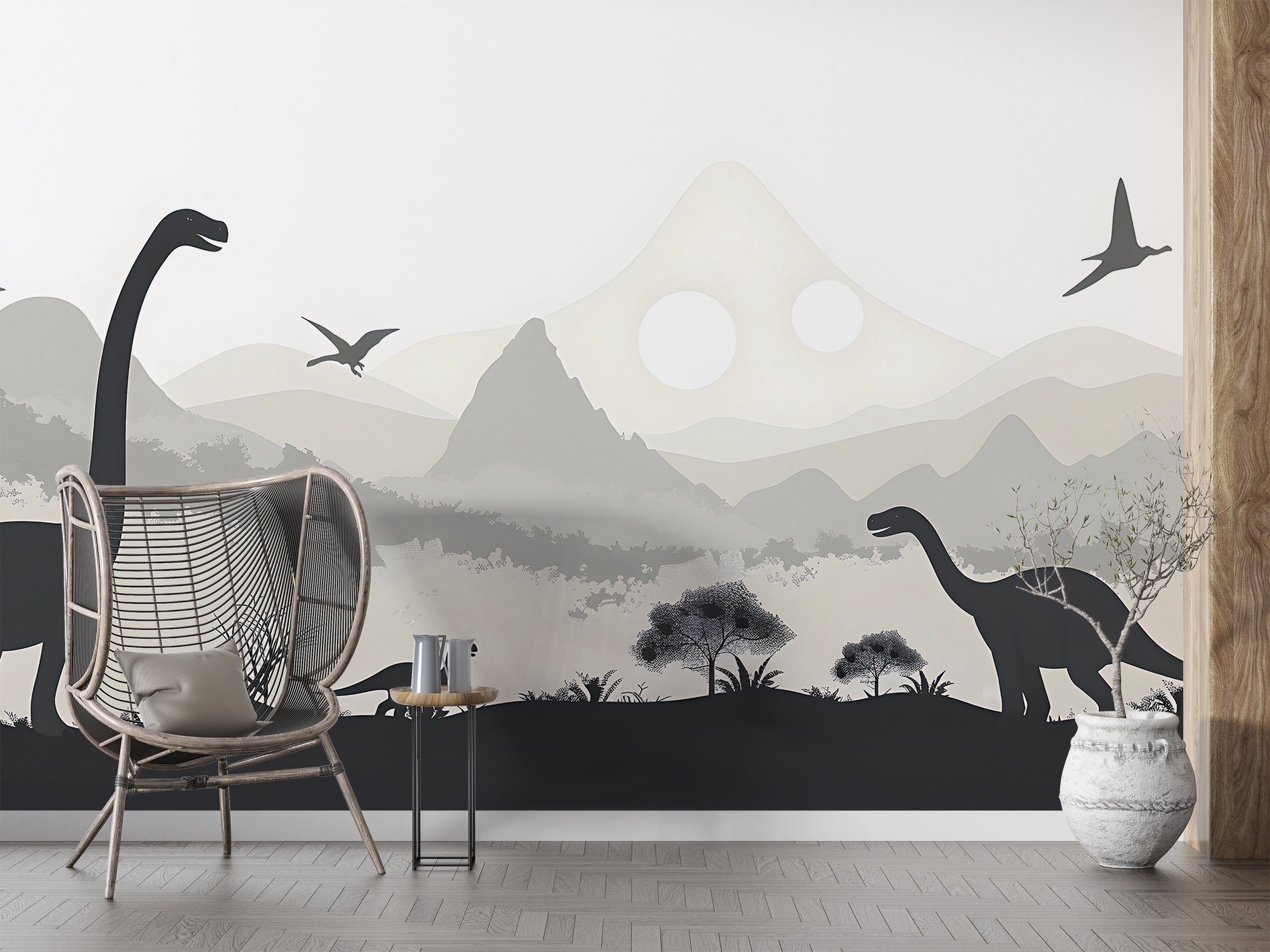 Dinosaurs Nursery Wall Mural, Ancient World Life Wallpaper, Peel and Stick Mountains Grey Playroom Mural, Custom Size Removable Decal