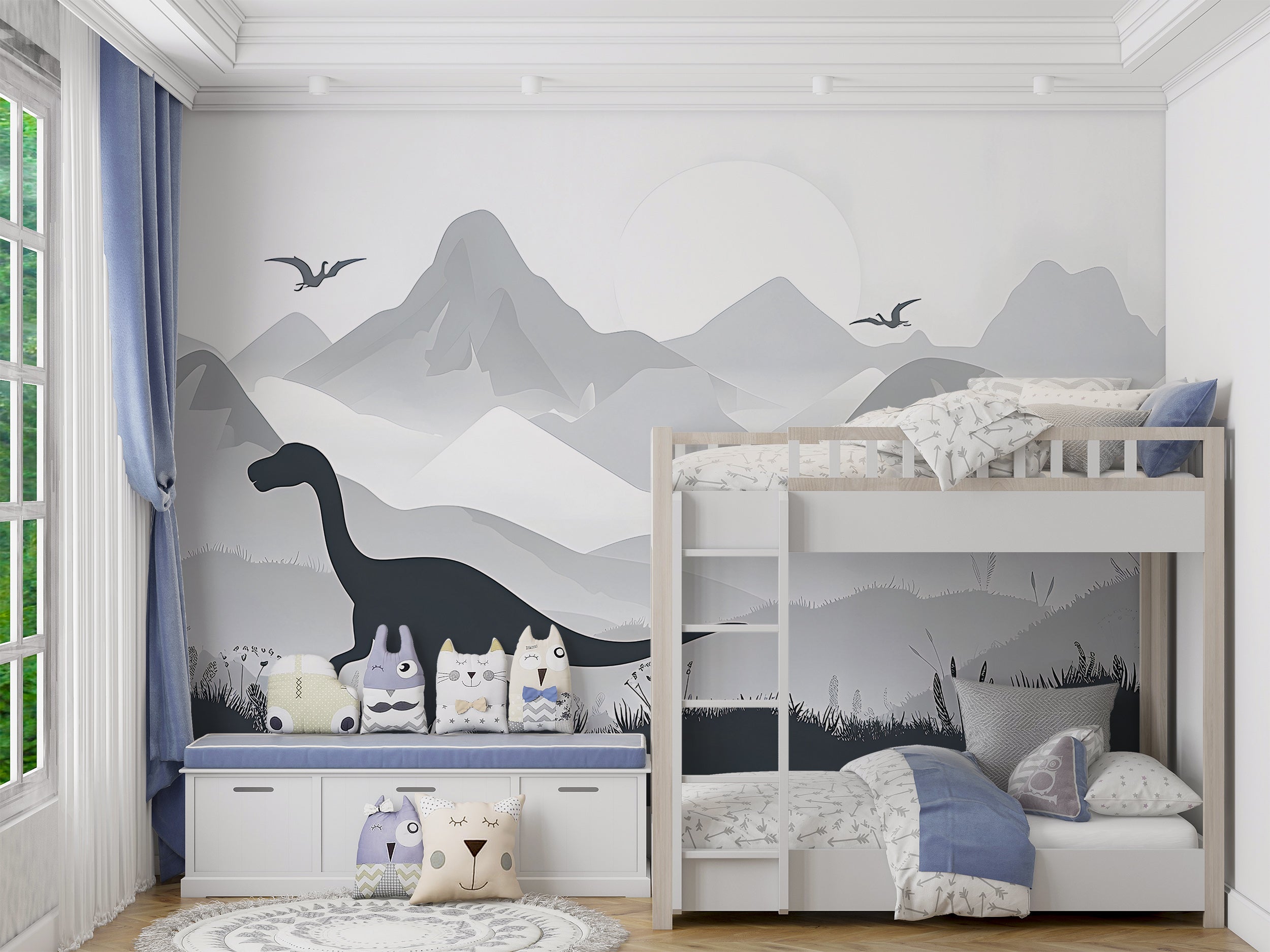 Dinosaur Wall Mural, Ancient World Nursery Wallpaper, Self-adhesive Grey Mountains Landscape Playroom Mural, PVC-free Decal