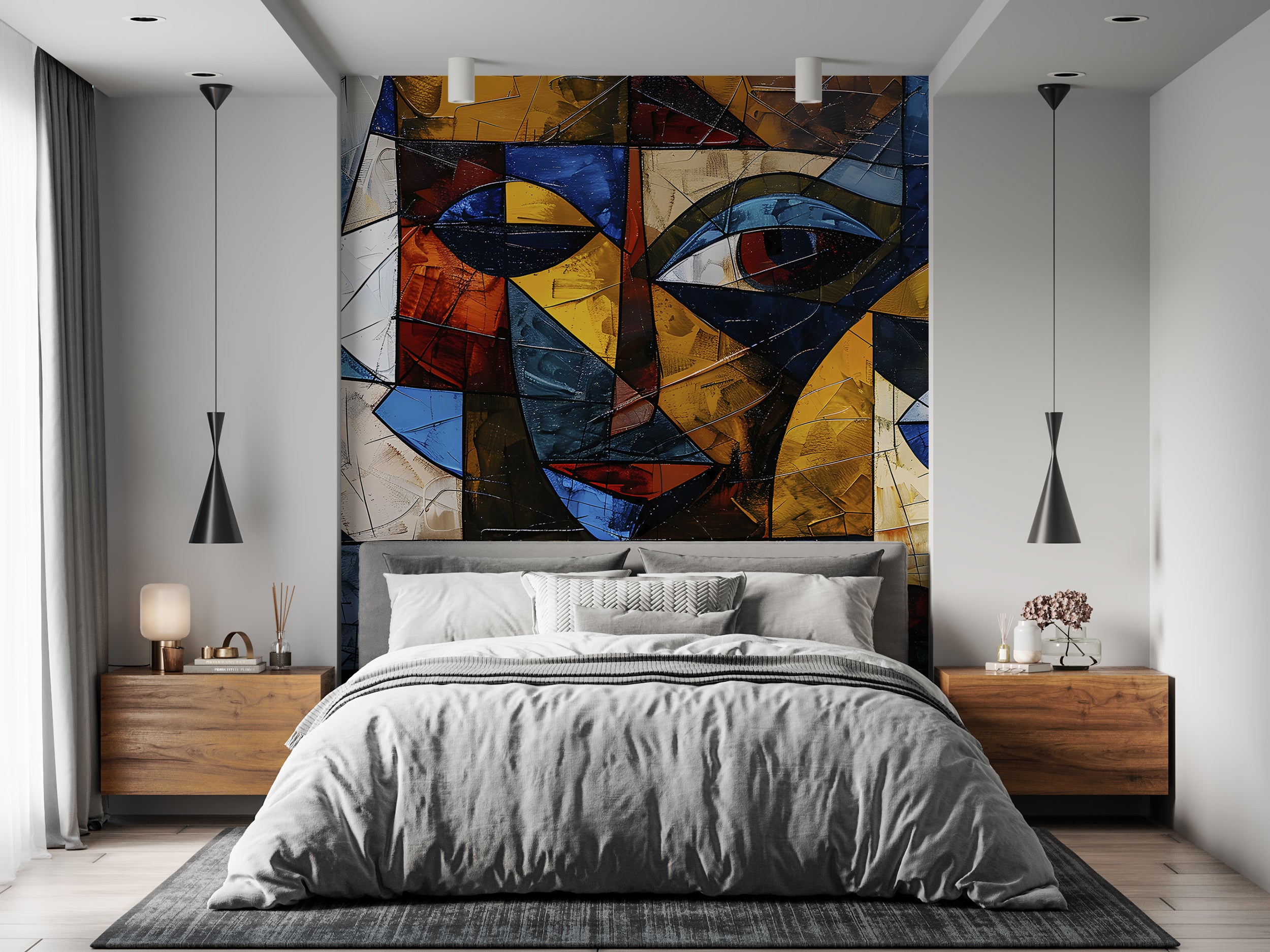 Abstract Mural in Cubism Style, Peel and Stick Colorful Modern Wallpaper, Removable Abstract Faces Wall Decal, Accent Wall Art