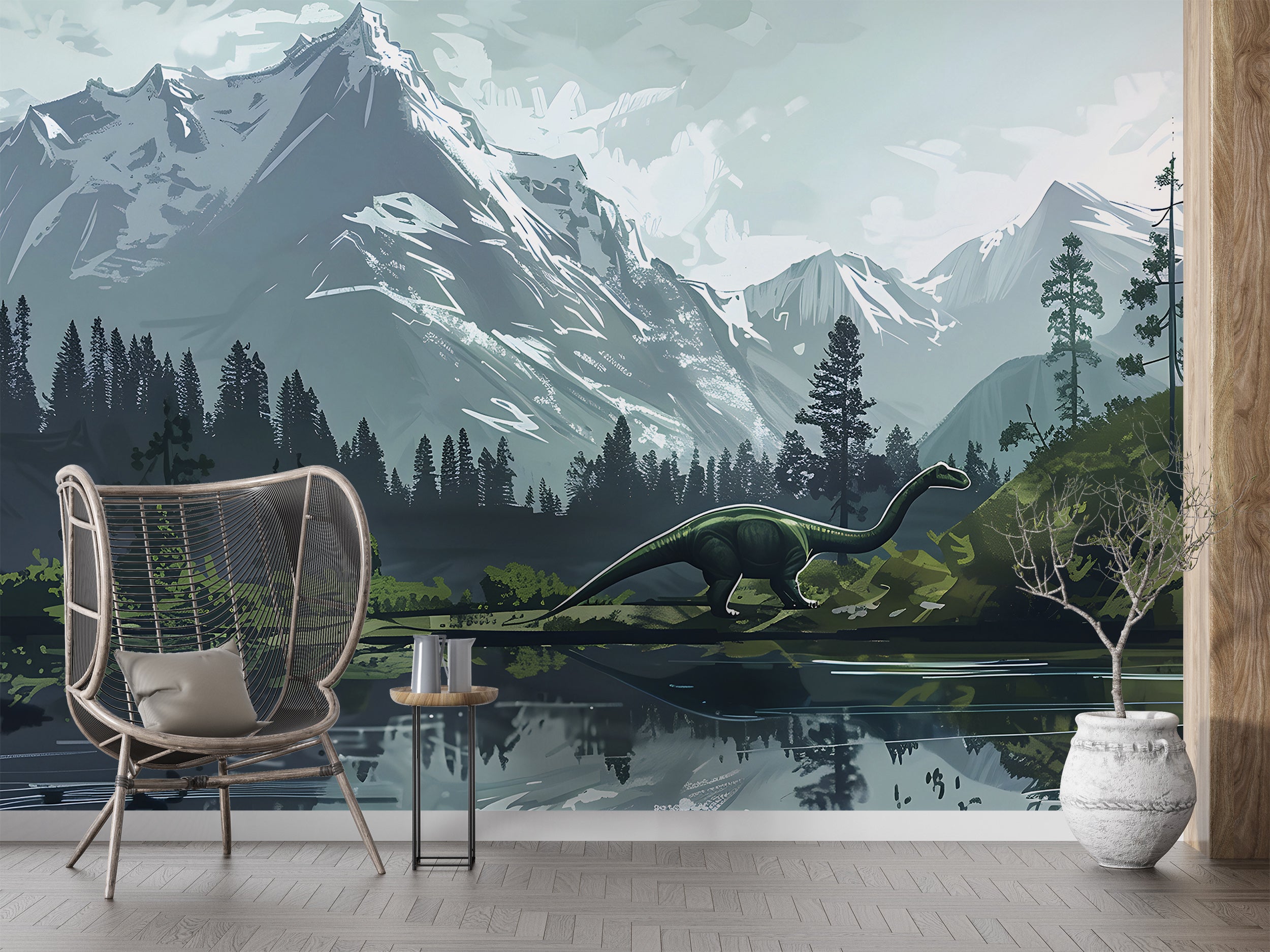Watercolor Mountains and Forest Mural, Dinosaur Wall Mural, Nursery Peel and Stick Wild Nature Landscape, Removable Decal