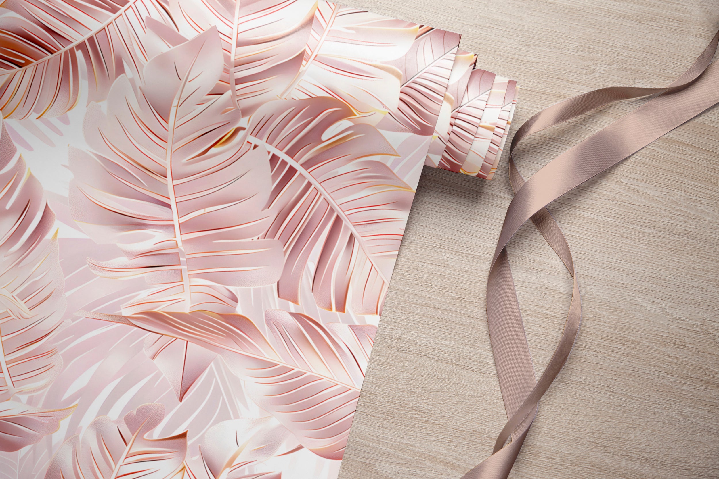 Palm Leaves in Gold Rose Colour Wallpaper, Peel and Stick Pink Tropical Decal, Removable Coastal Botanical Wallpaper, Soft Pink Palm Tree Leaf Pattern