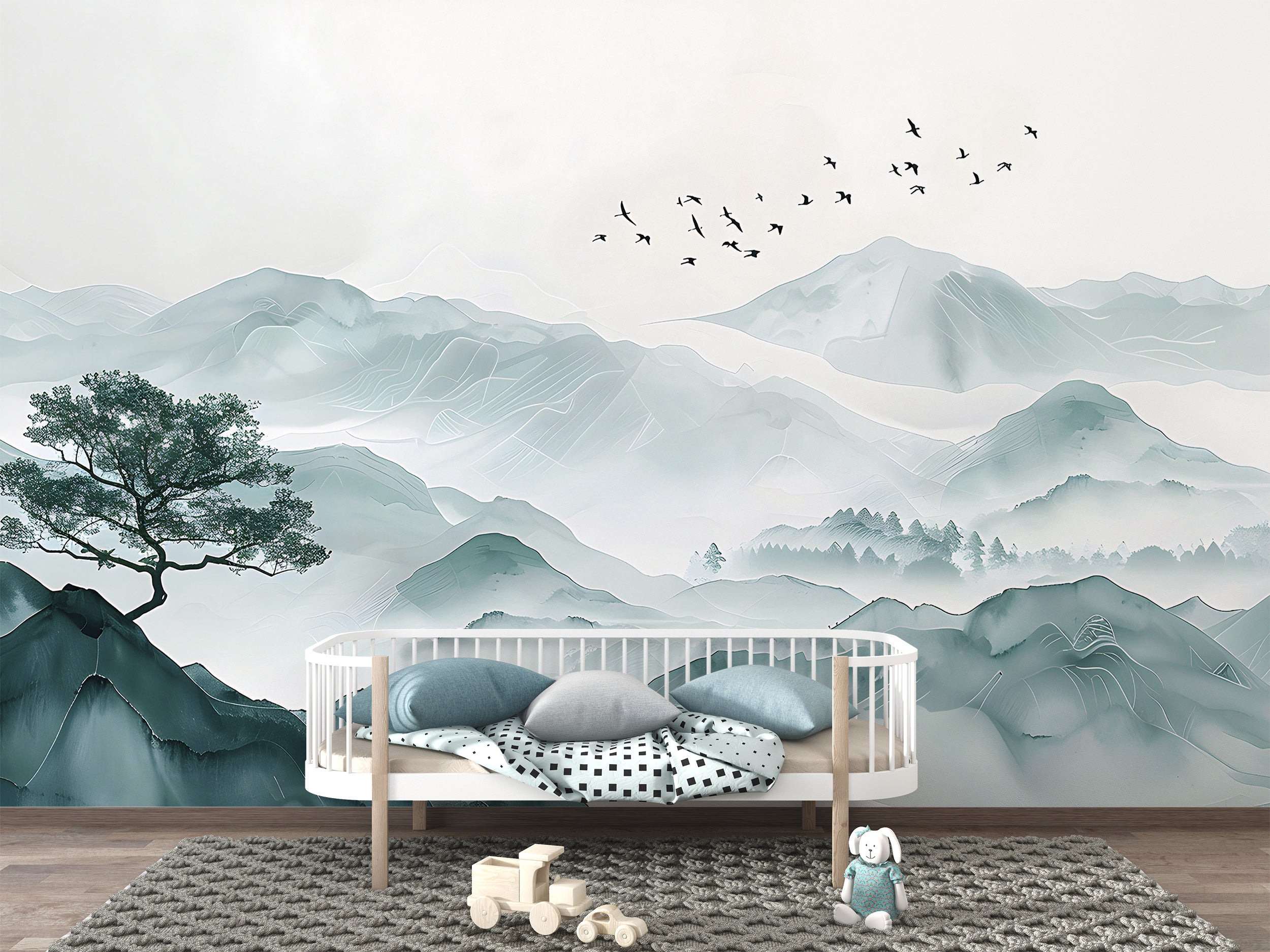 Bird Swallow and Mountains Mural, Peel and Stick Soft Green Misty Mountain Landscape Wallpaper, Abstract Foggy Nature Wall Decal