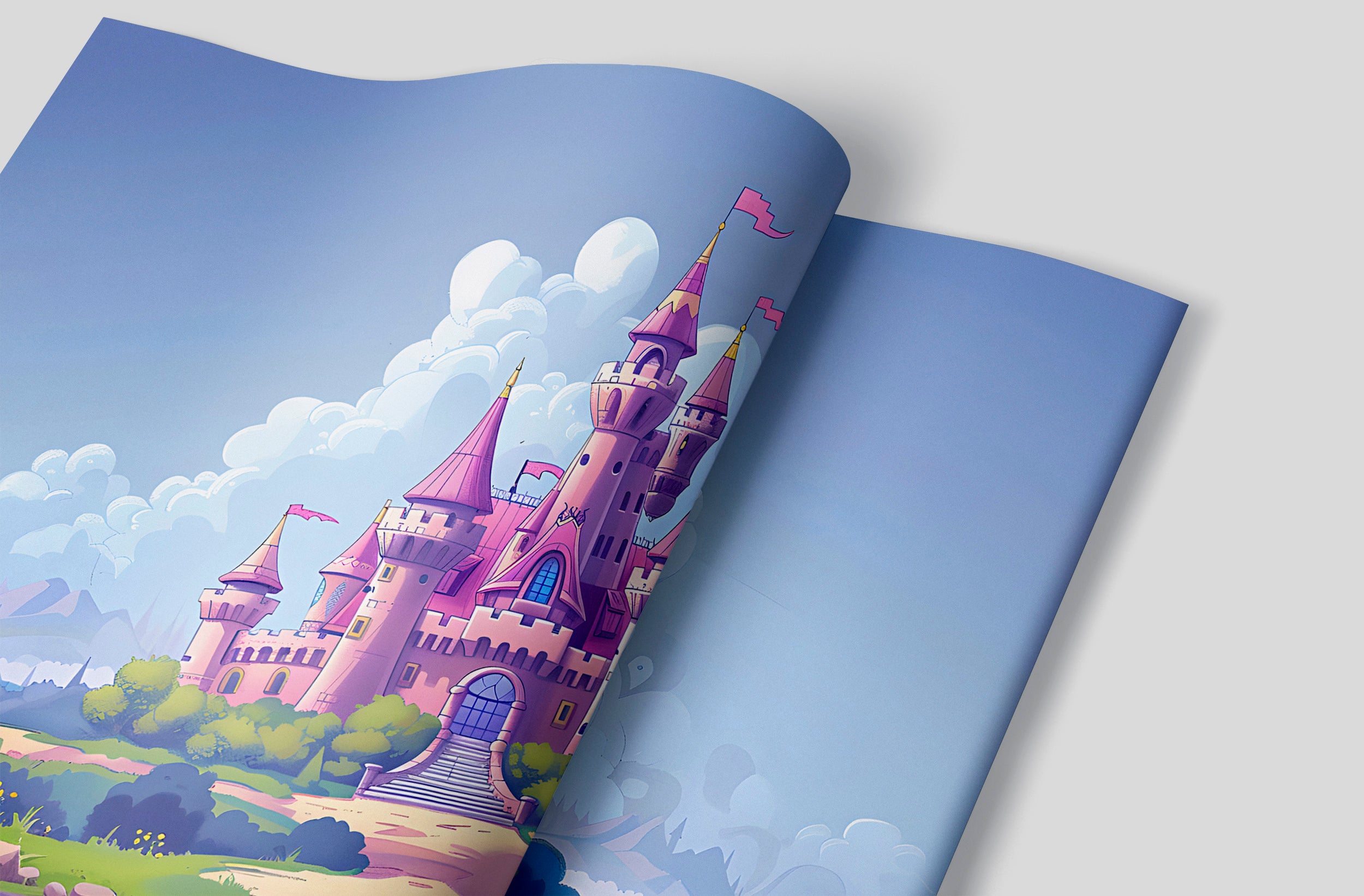 Pink Princess Castle Mural, Peel and Stick Nursery Dreamy Castle Wallpaper, Cartoon Style Kids Room Colorful Castle, PVC free Removable Decal