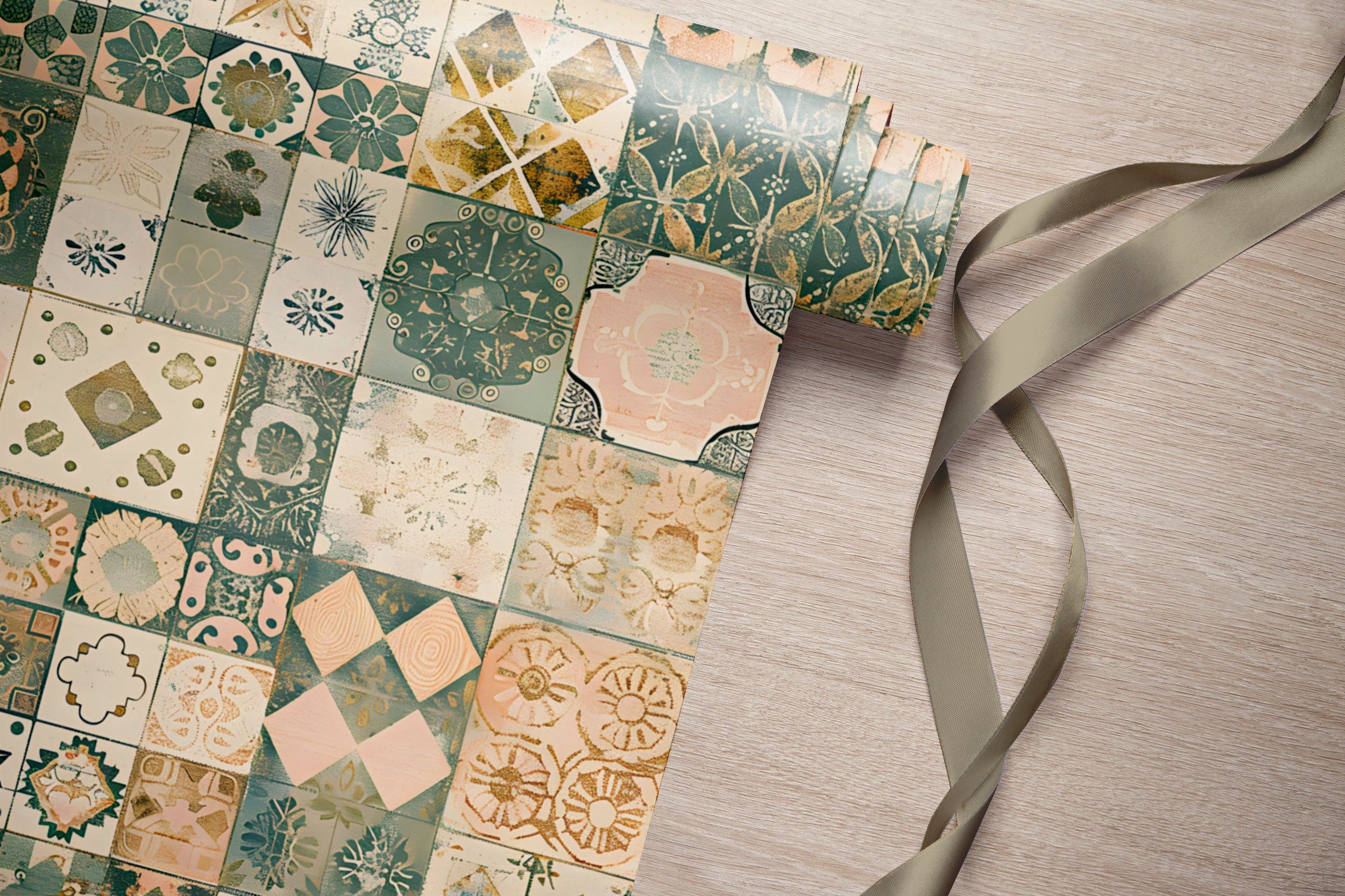 Moroccan Wallpaper, Patchwork Tiles Wallpaper, Green and Beige Tiles Wall Decal, Peel and Stick Watercolor Rustic Tiles Decor