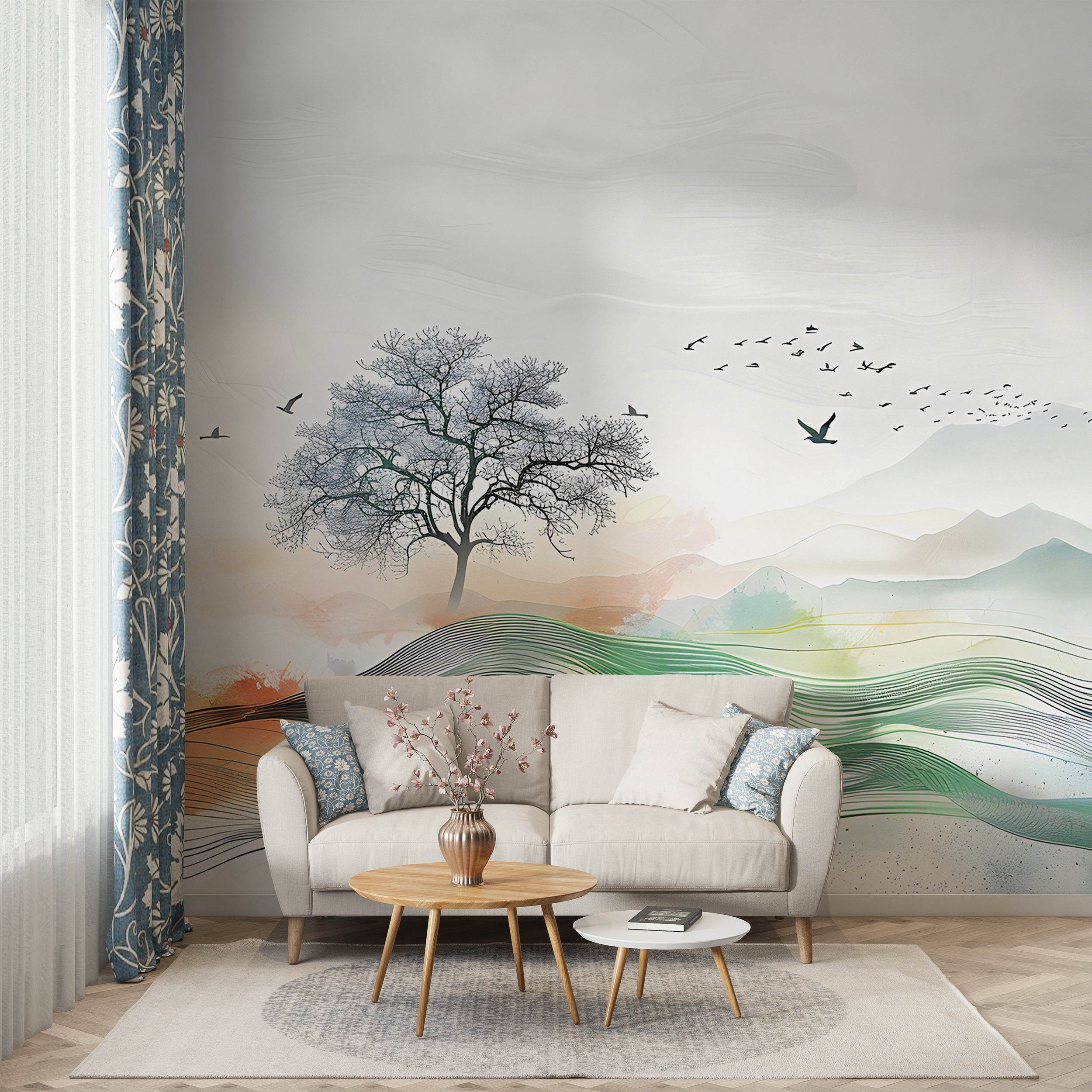 Abstract Landscape Wall Mural, Watercolor Nature Mural, Colorful Landscape Tree and Birds Wallpaper, Peel and Stick Minimalistic Wall Art