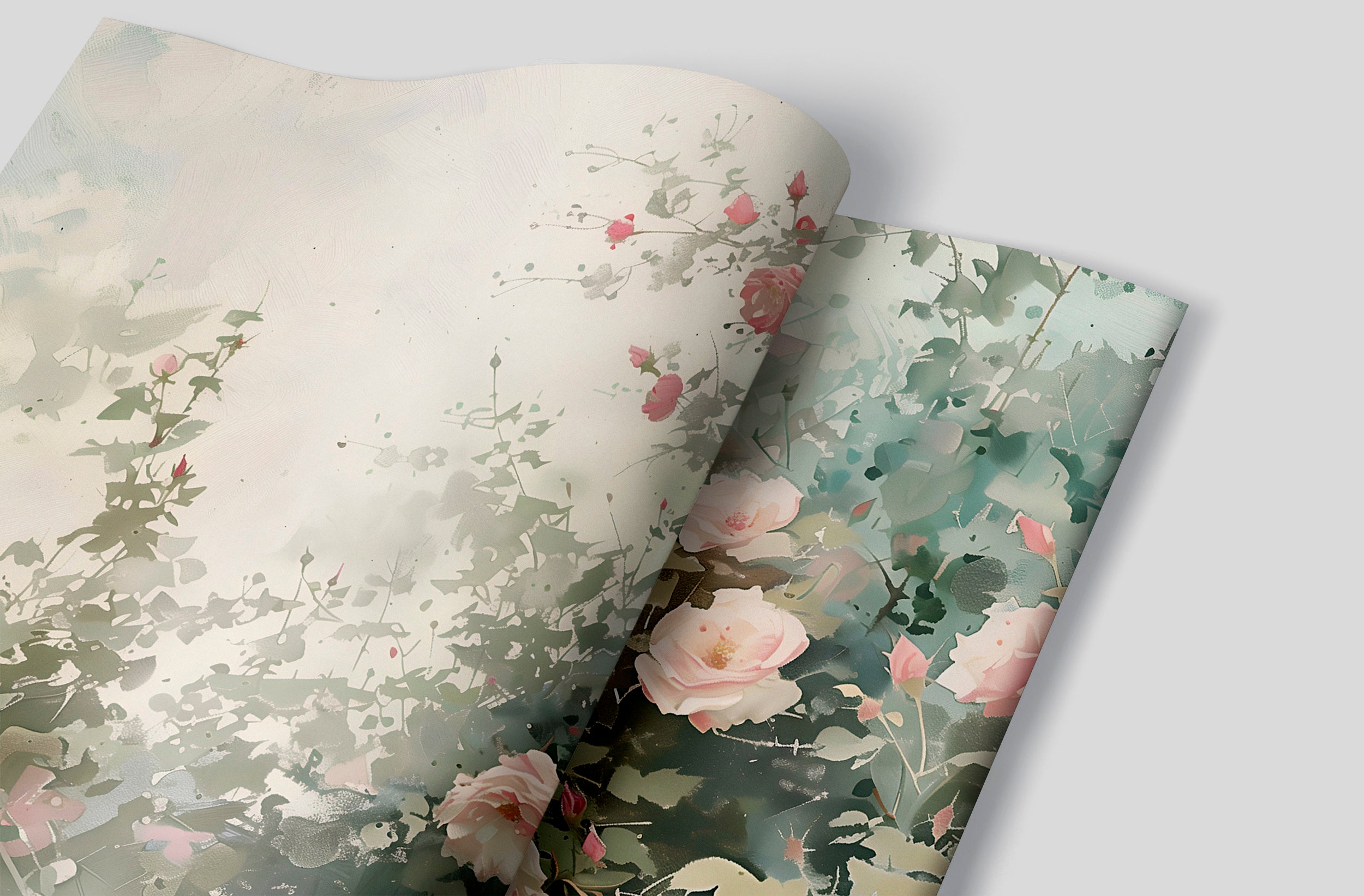 Watercolor Wild Roses Wallpaper, Peel and Stick Flower Bush Mural, Soft Green Botanical Wallpaper, Removable Floral Wall Art