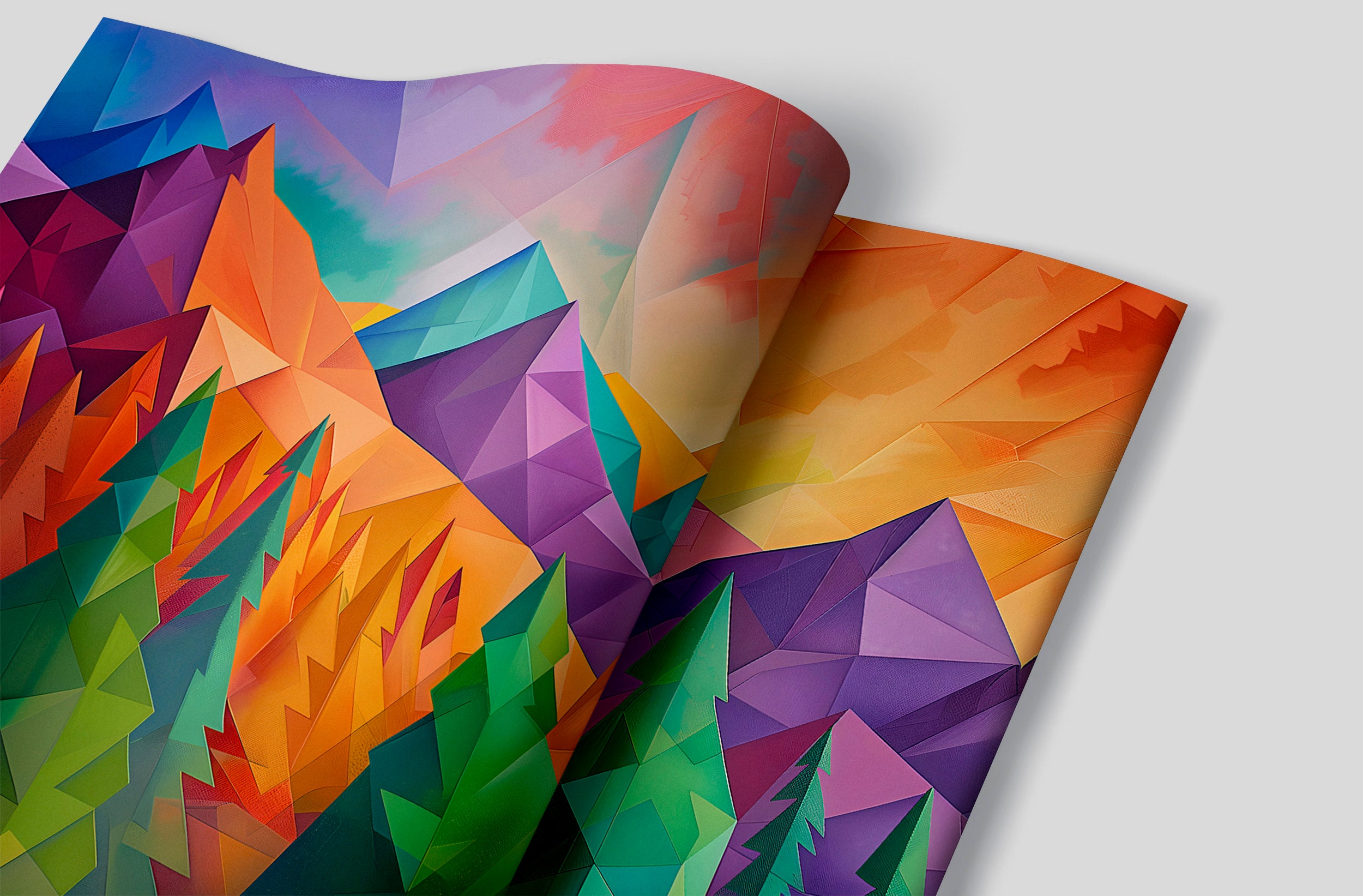Colorful Mountains and Forest Landscape Mural, Peel and Stick Nature in Cubism Style Mural, Abstract Pine Trees Mural, Geometric Shapes Art