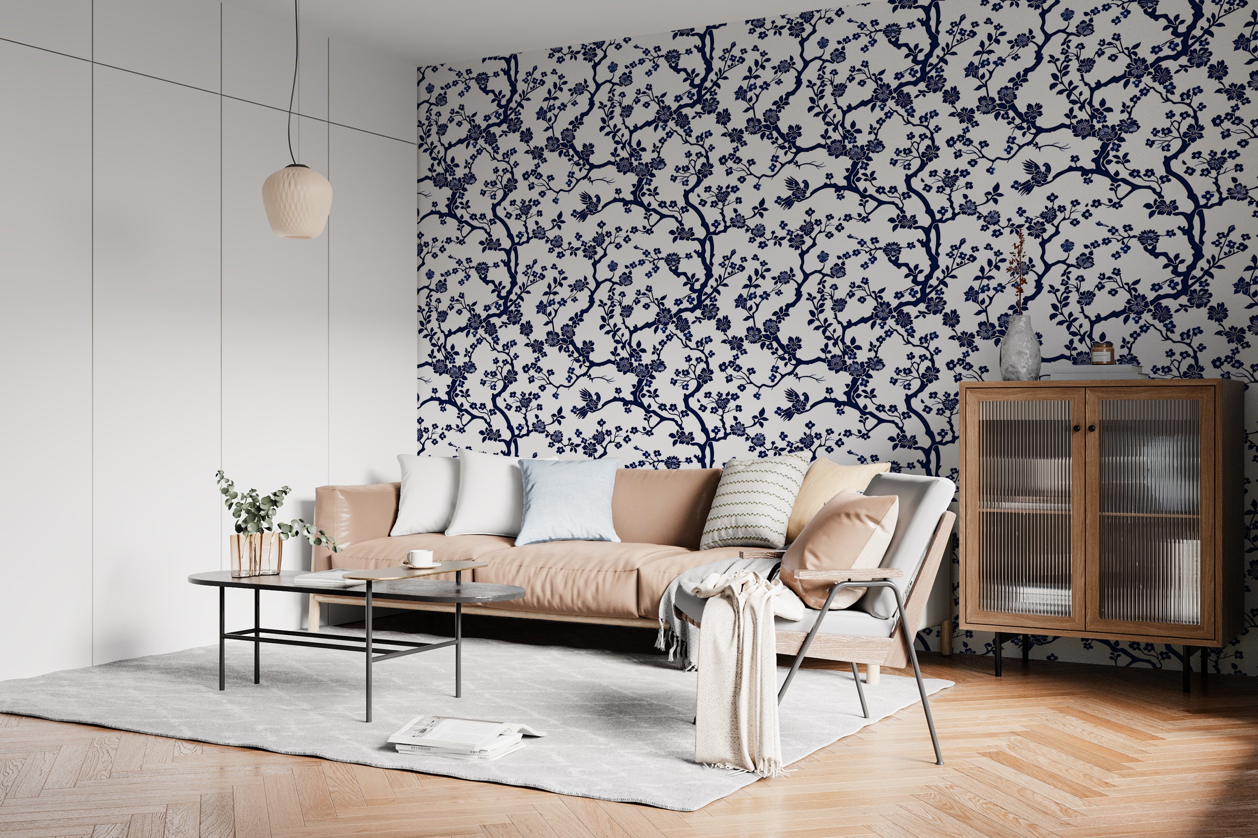 Blue and White Floral Wallpaper, Peel and Stick French Style Botanical Decor, Small Flowers and Branches Wallpaper, Removable Blue Floral