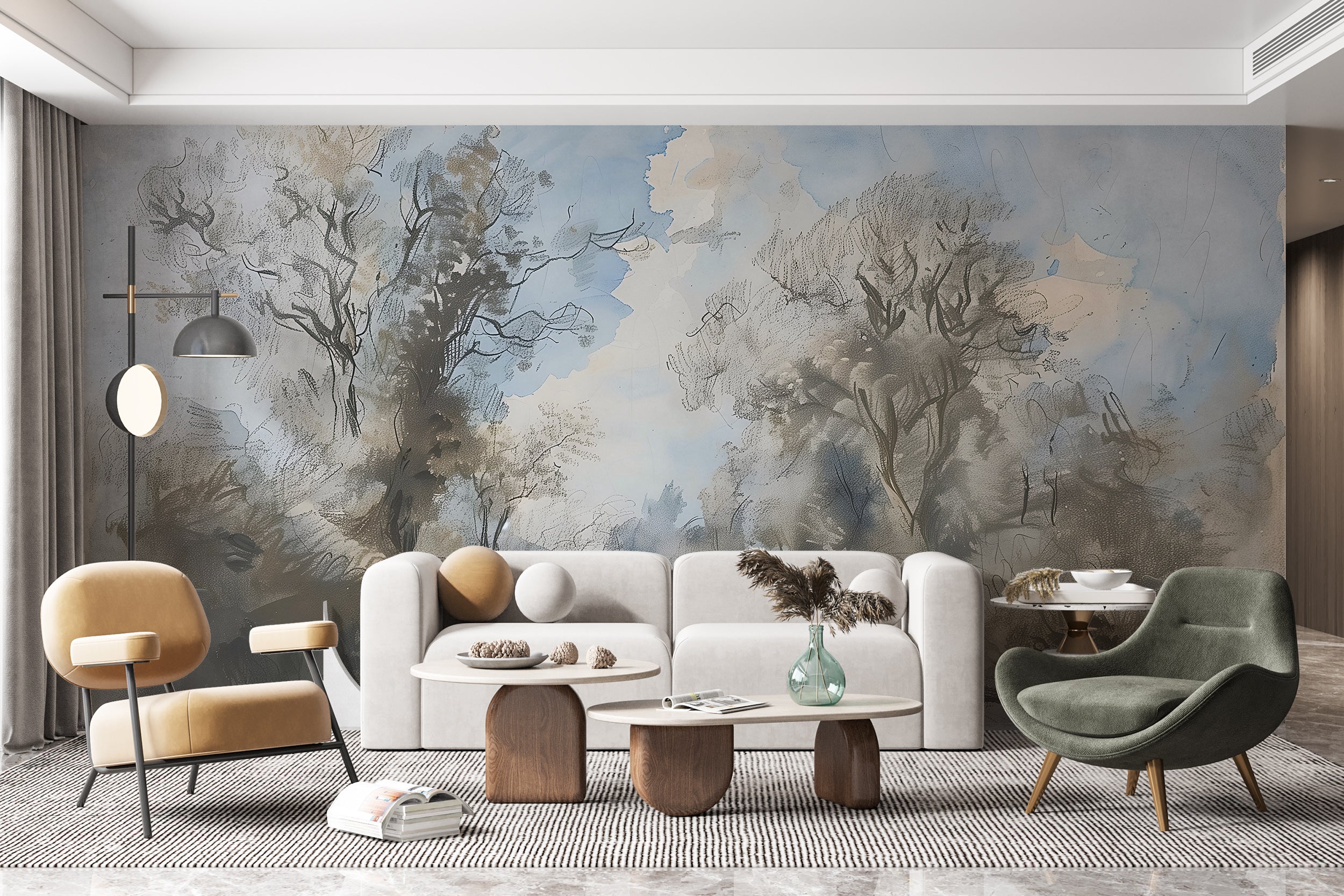 Scenic Vintage Landscape Wallpaper, Peel and Stick Pastel Colors Road and Trees Mural, Old Style Classic Countryside Mural, Removable Nature