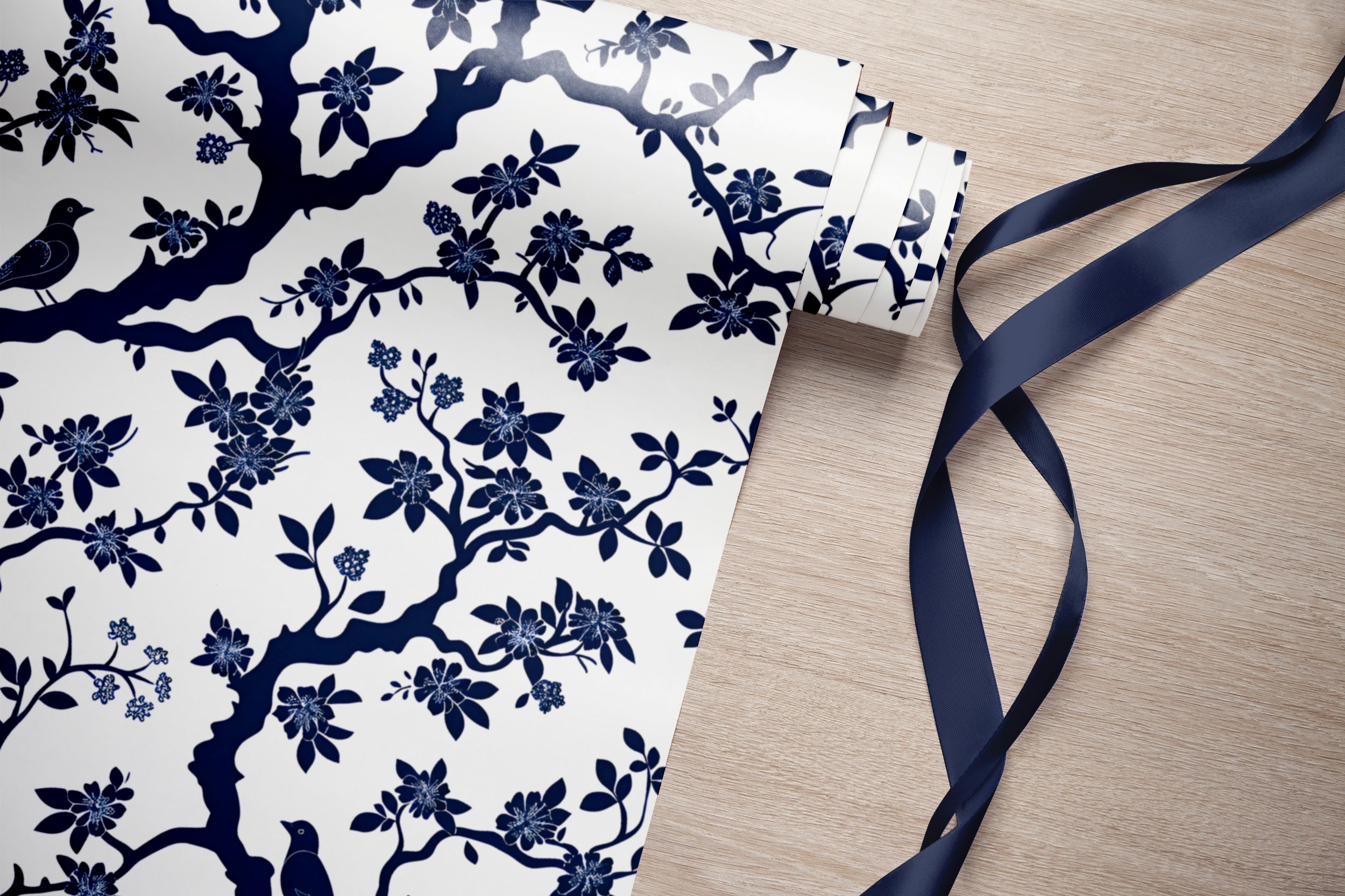 Blue and White Chinoiserie Wallpaper, French Style Floral Wall Decor, Peel and Stick Blue Botanical Wallpaper, Removable Flowers & Birds