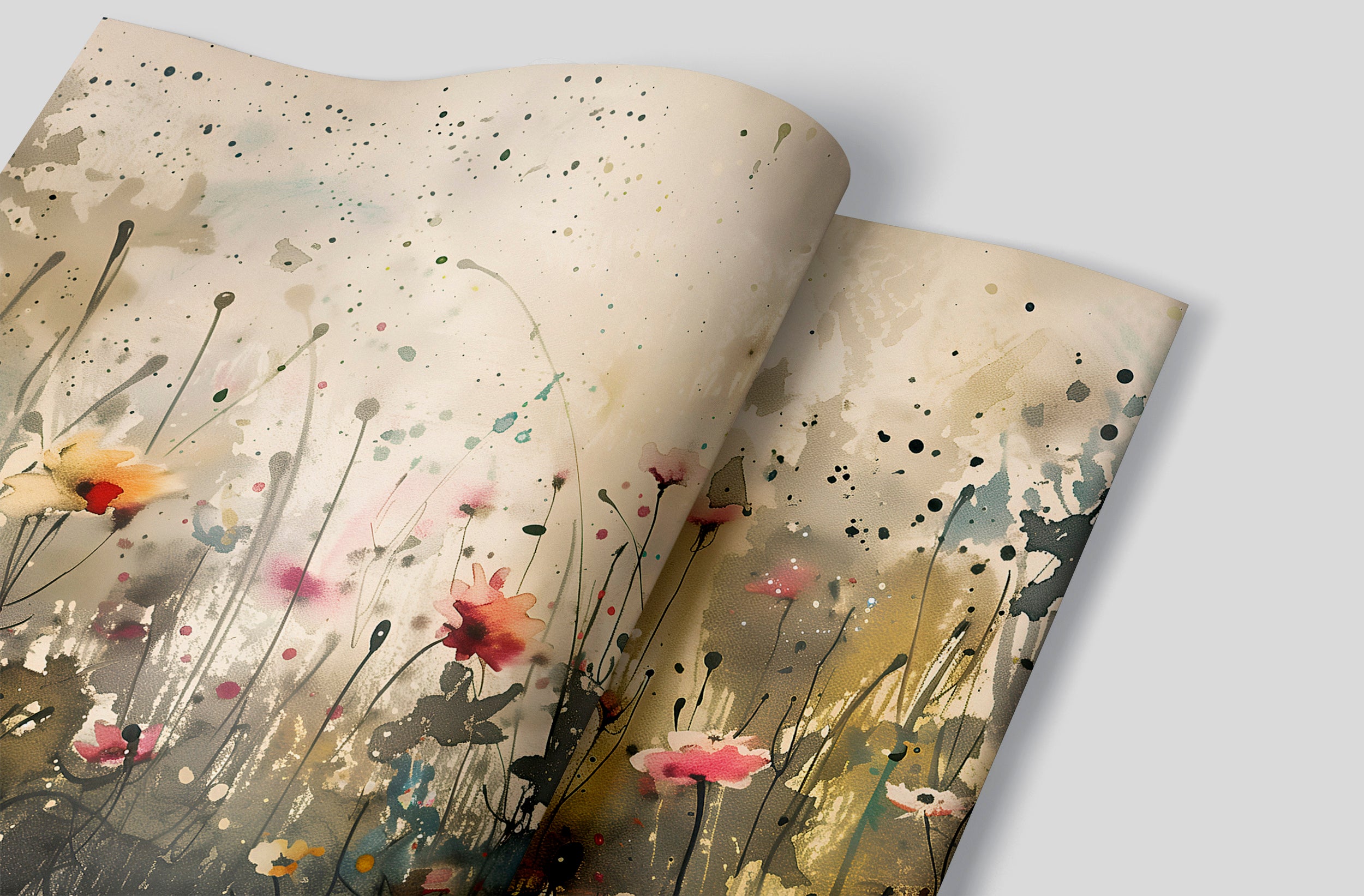 Abstract Watercolor Flower Field Mural, Peel and Stick Meadow Flowers Wallpaper, Removable Wild Floral Wall Decor, Beige Botanical Mural