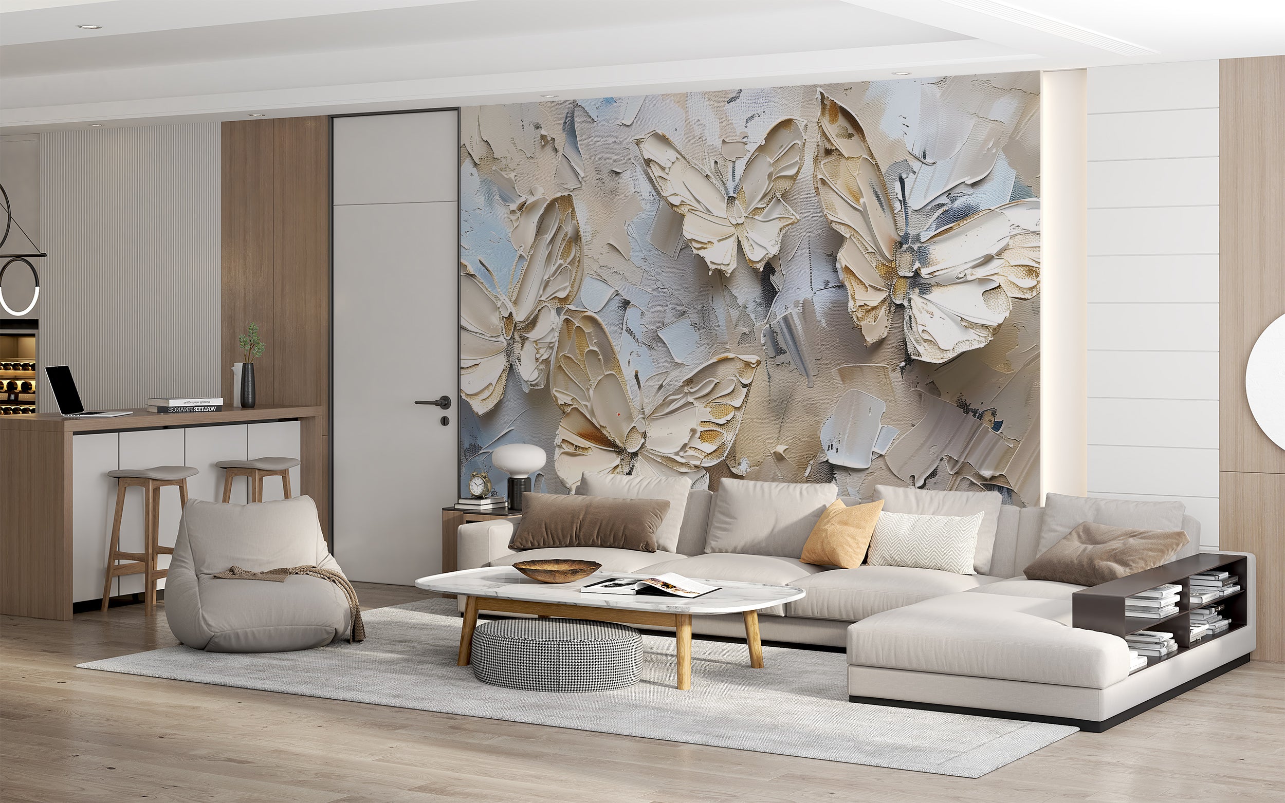 Abstract Butterflies Wall Mural, Peel and Stick Butterflies Palette Knife Oil Painting Wall Art, Removable Beige 3D Nature Wallpaper