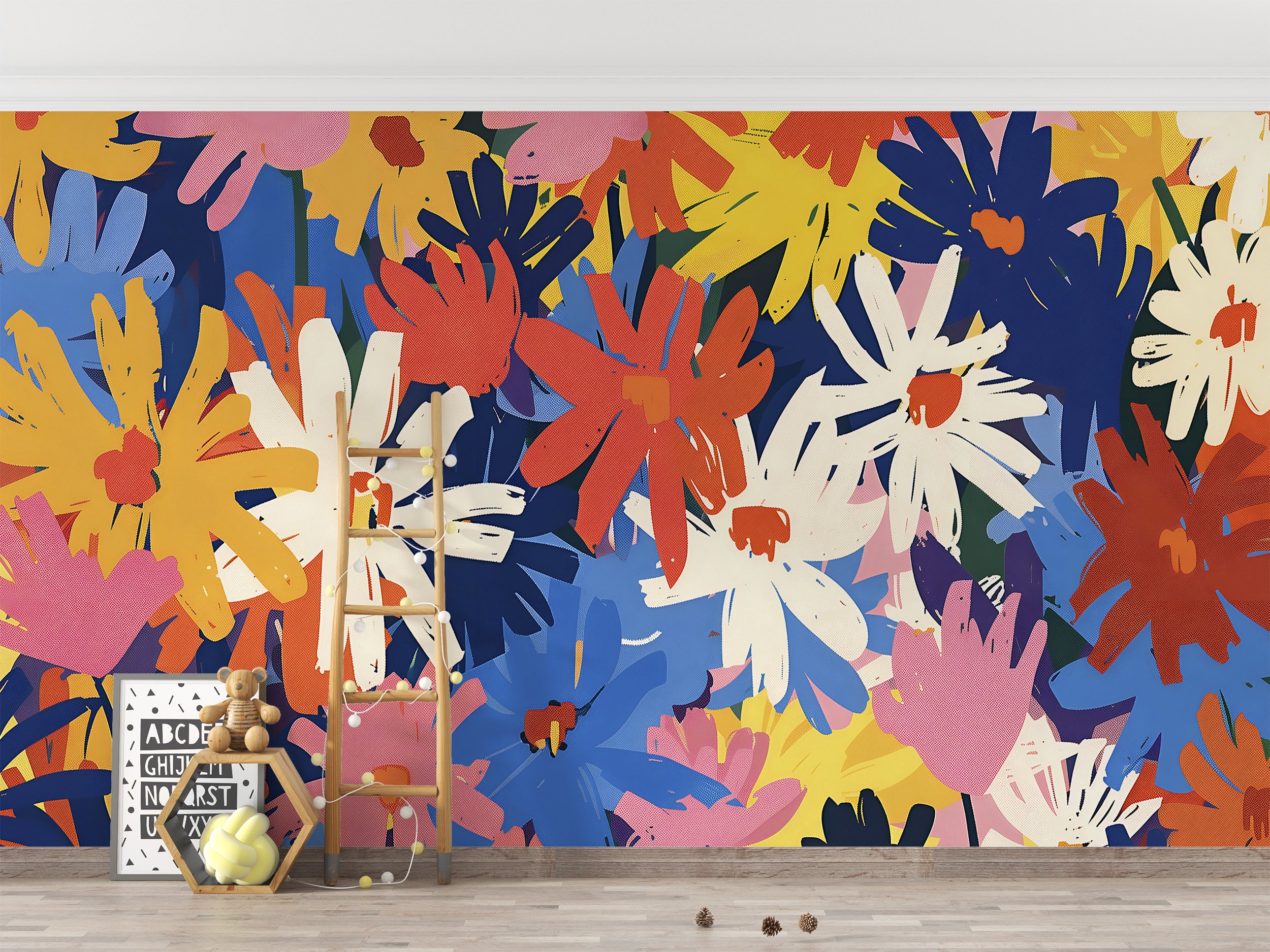 Colorful Daisies Wallpaper, Peel and Stick Abstract Floral Art, Removable Meadow Flowers Wall Mural, Nursery Colorful Botanical Wall Decor